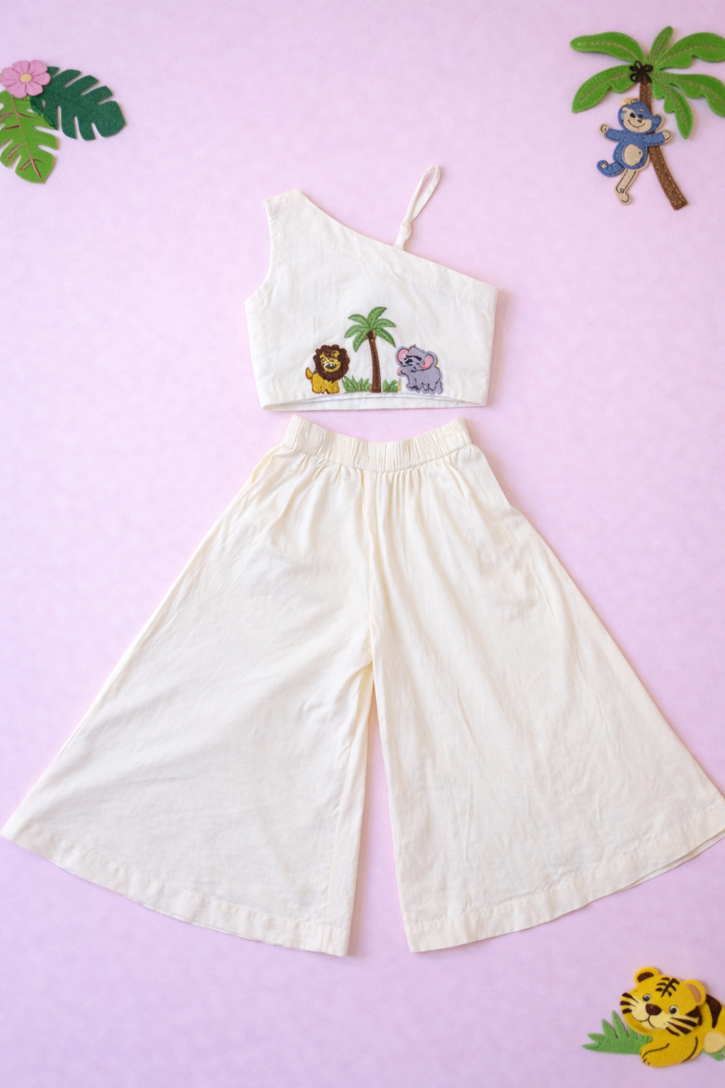 Off White Jungle Theme One Shoulder Top with Flared Pants