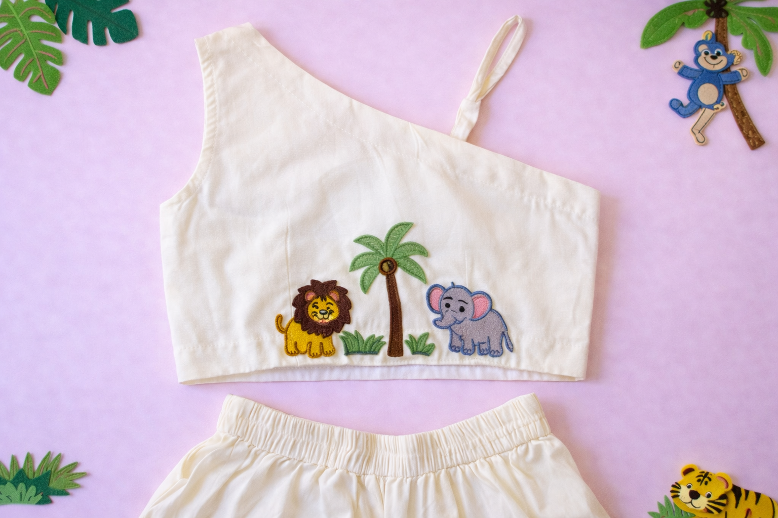 Off White Jungle Theme One Shoulder Top with Flared Pants