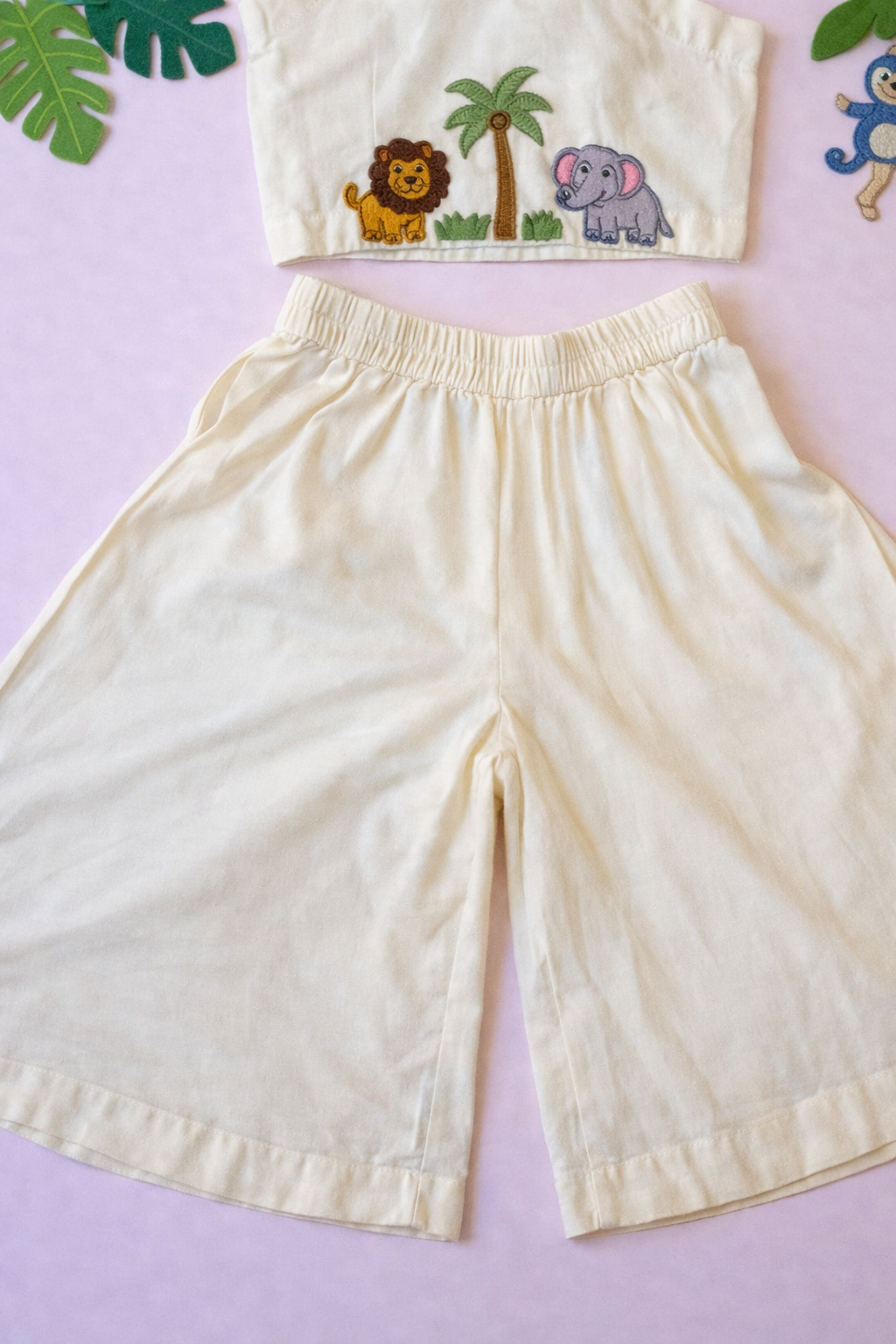 Off White Jungle Theme One Shoulder Top with Flared Pants