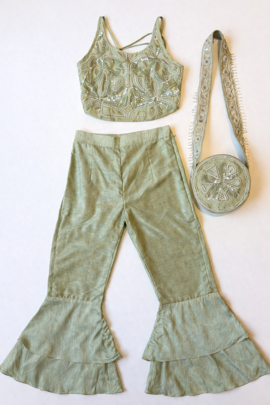 Sage Green Halter Embroidered Blouse with Flared Pants & Crossbody Bag