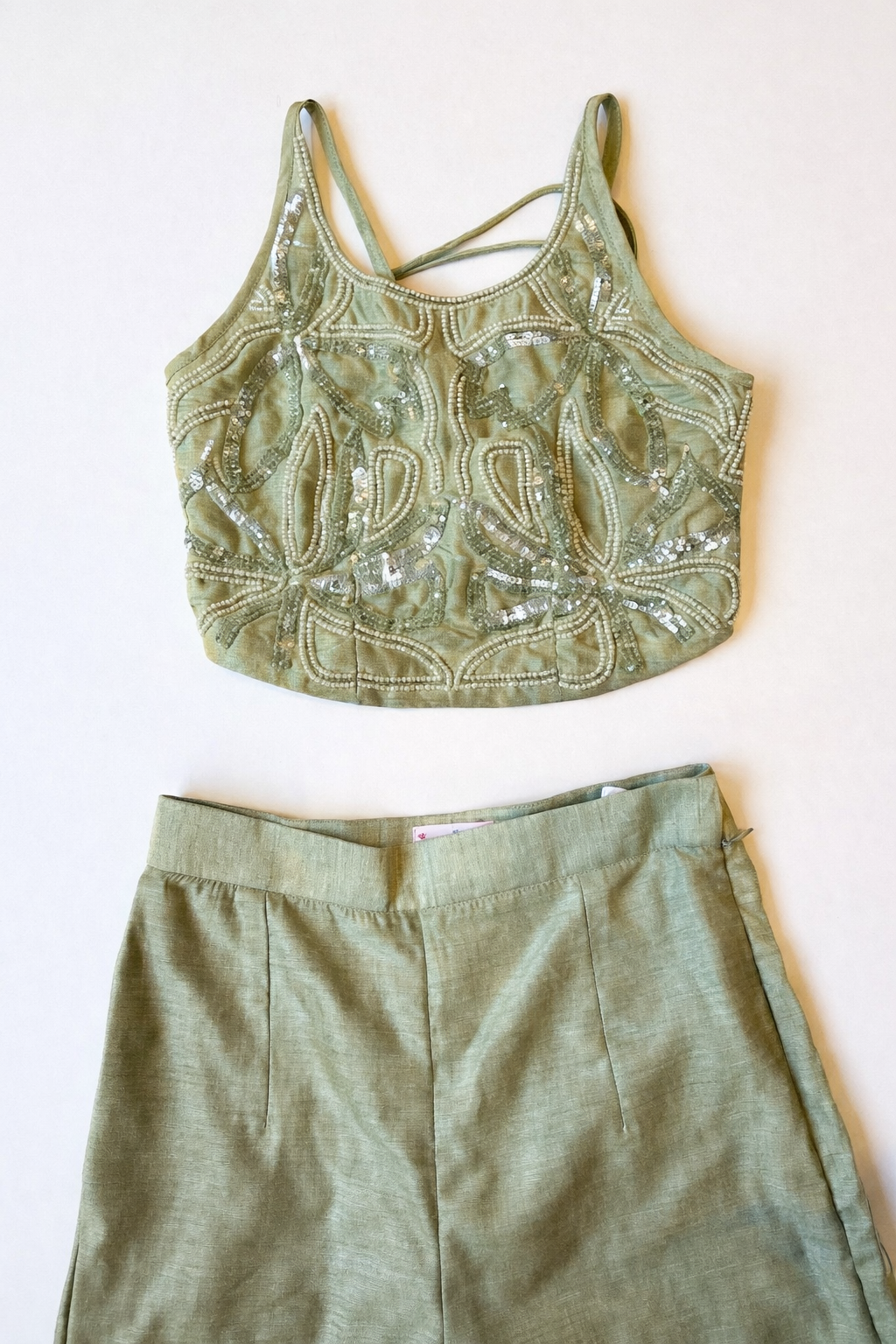 Sage Green Halter Embroidered Blouse with Flared Pants & Crossbody Bag