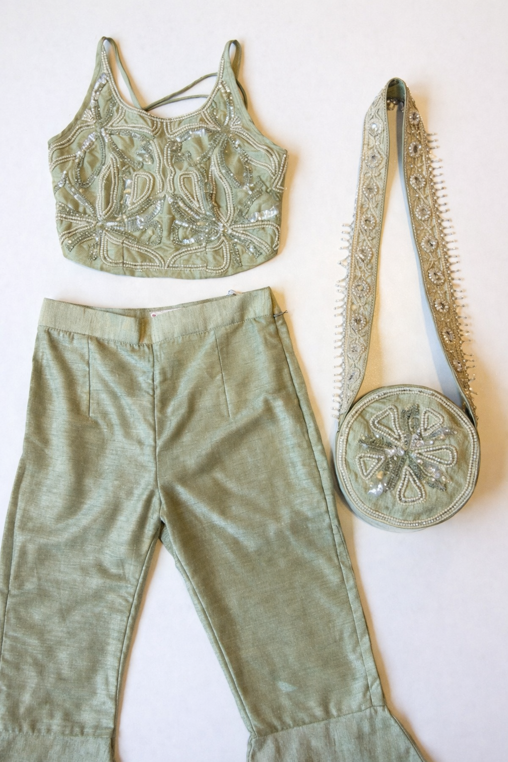 Sage Green Halter Embroidered Blouse with Flared Pants & Crossbody Bag