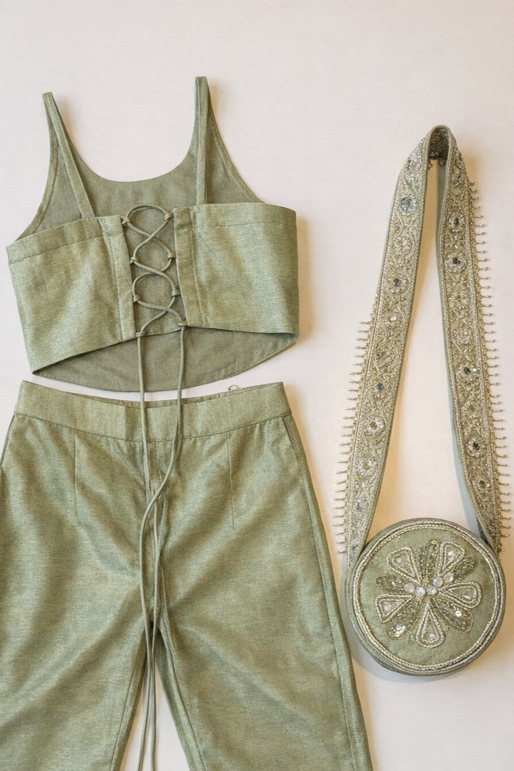 Sage Green Halter Embroidered Blouse with Flared Pants & Crossbody Bag