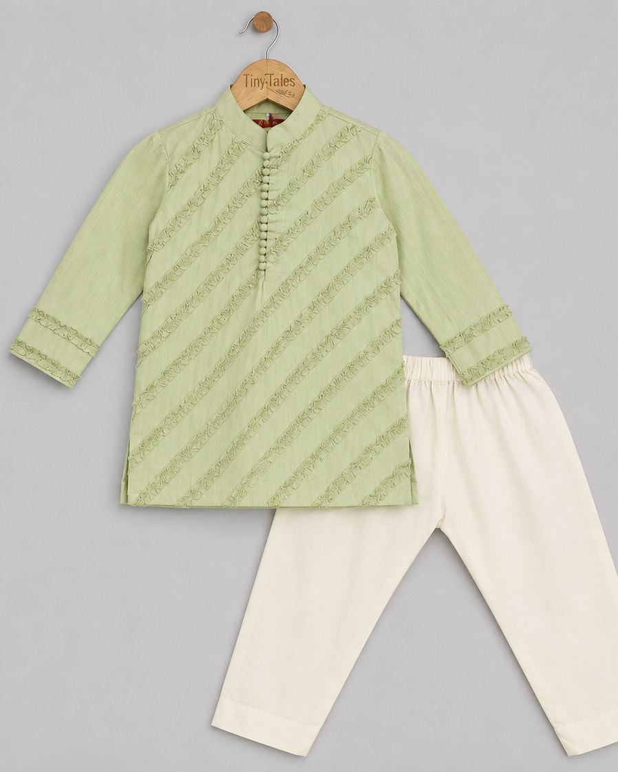 Olive Green Frill Textured Kurta Set