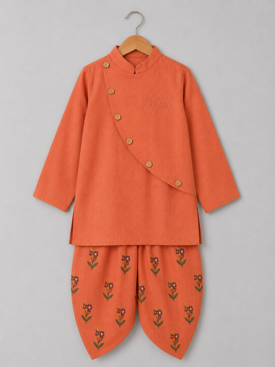 Pink Cotton Linen Kurta witth Printed Dhoti