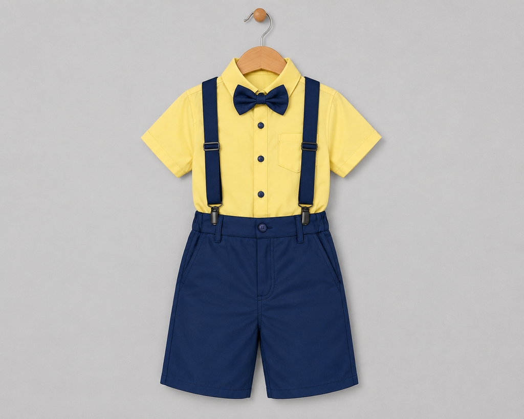 Yellow Shirt with Navy Blue Pant-Suspender Set