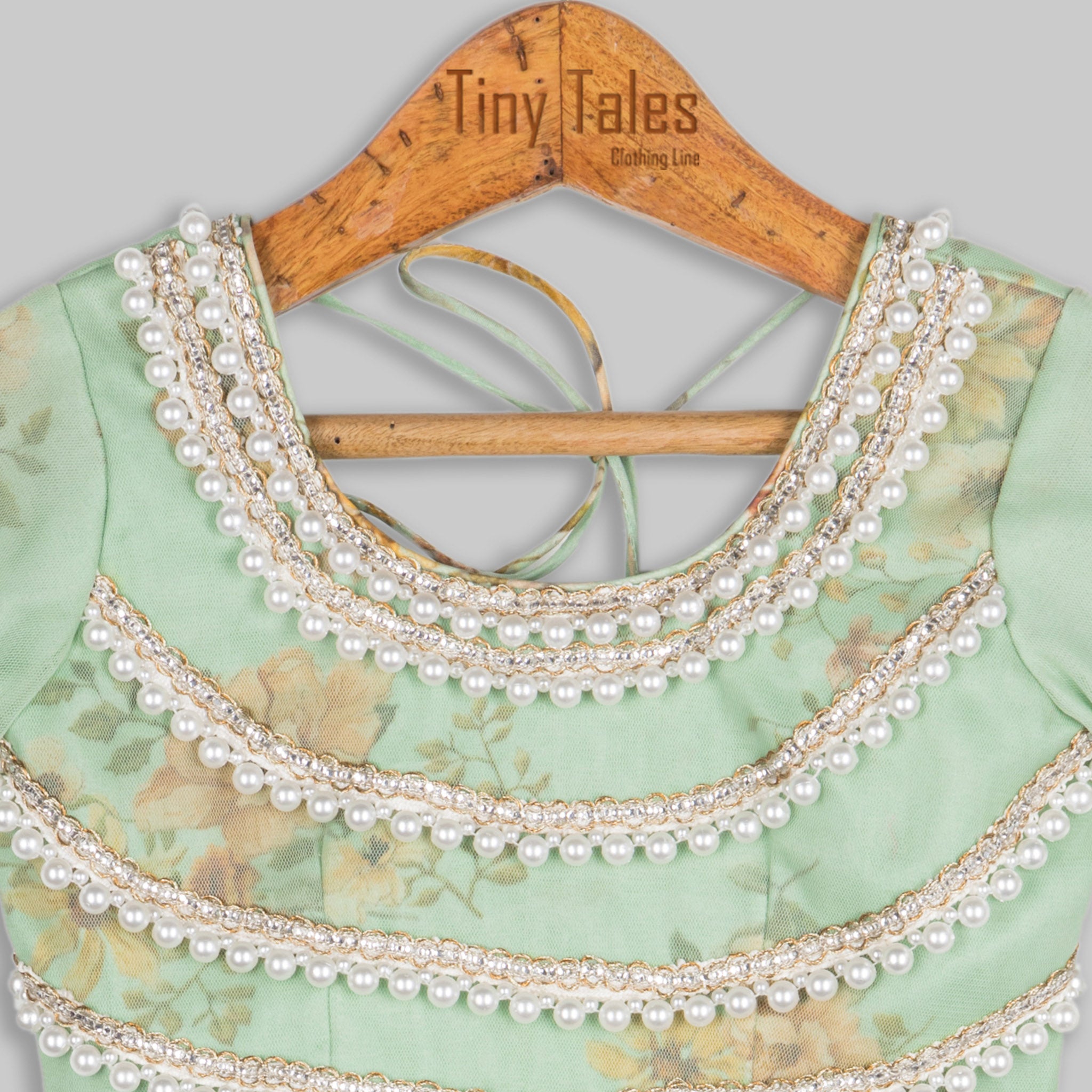 Green Printed Embroidered Blouse with Organza Skirt -  2 Yrs