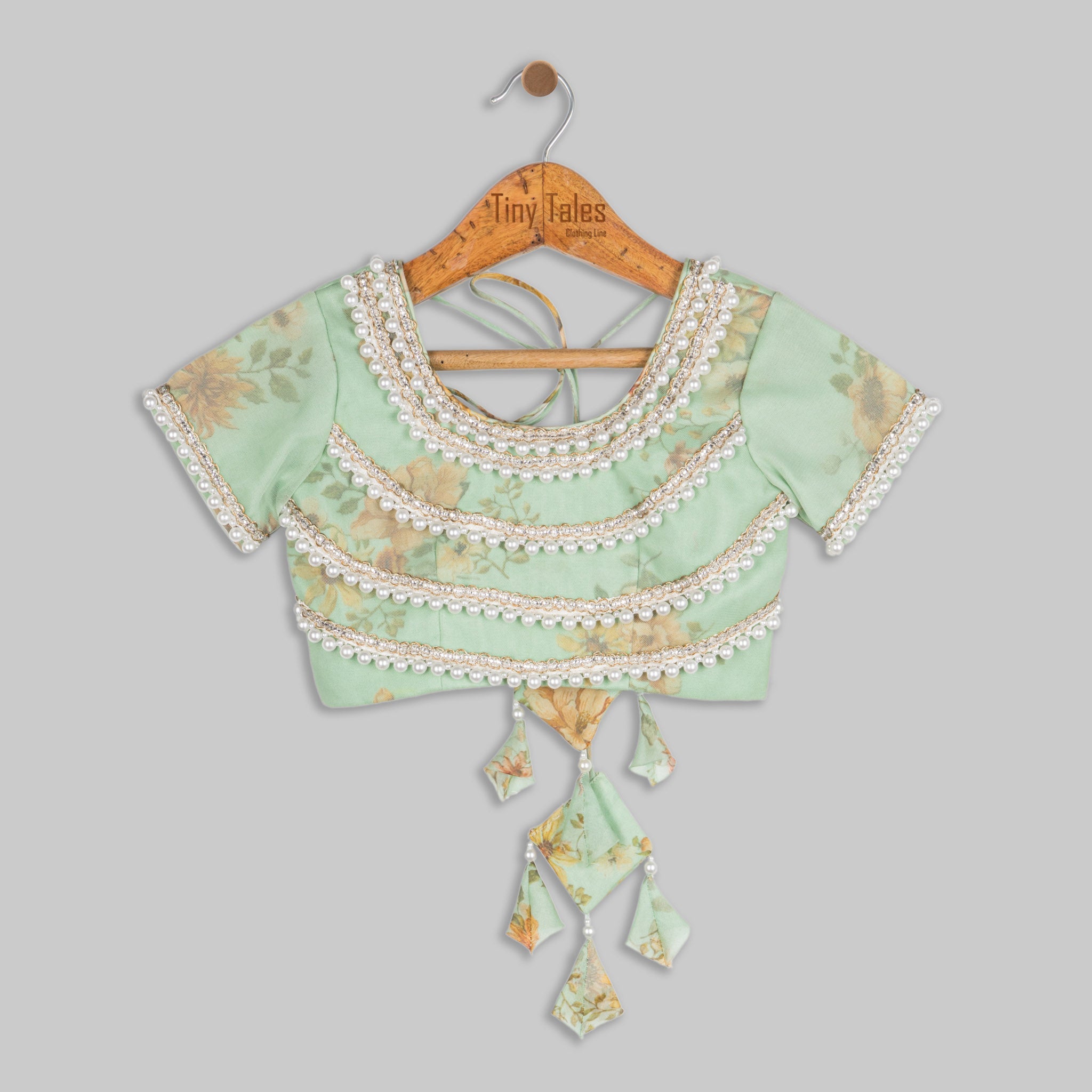 Green Printed Embroidered Blouse with Organza Skirt -  2 Yrs