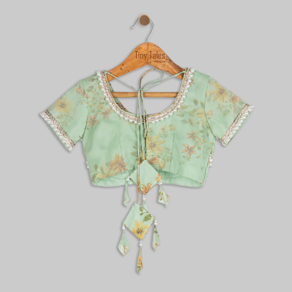 Green Printed Embroidered Blouse with Organza Skirt -  2 Yrs