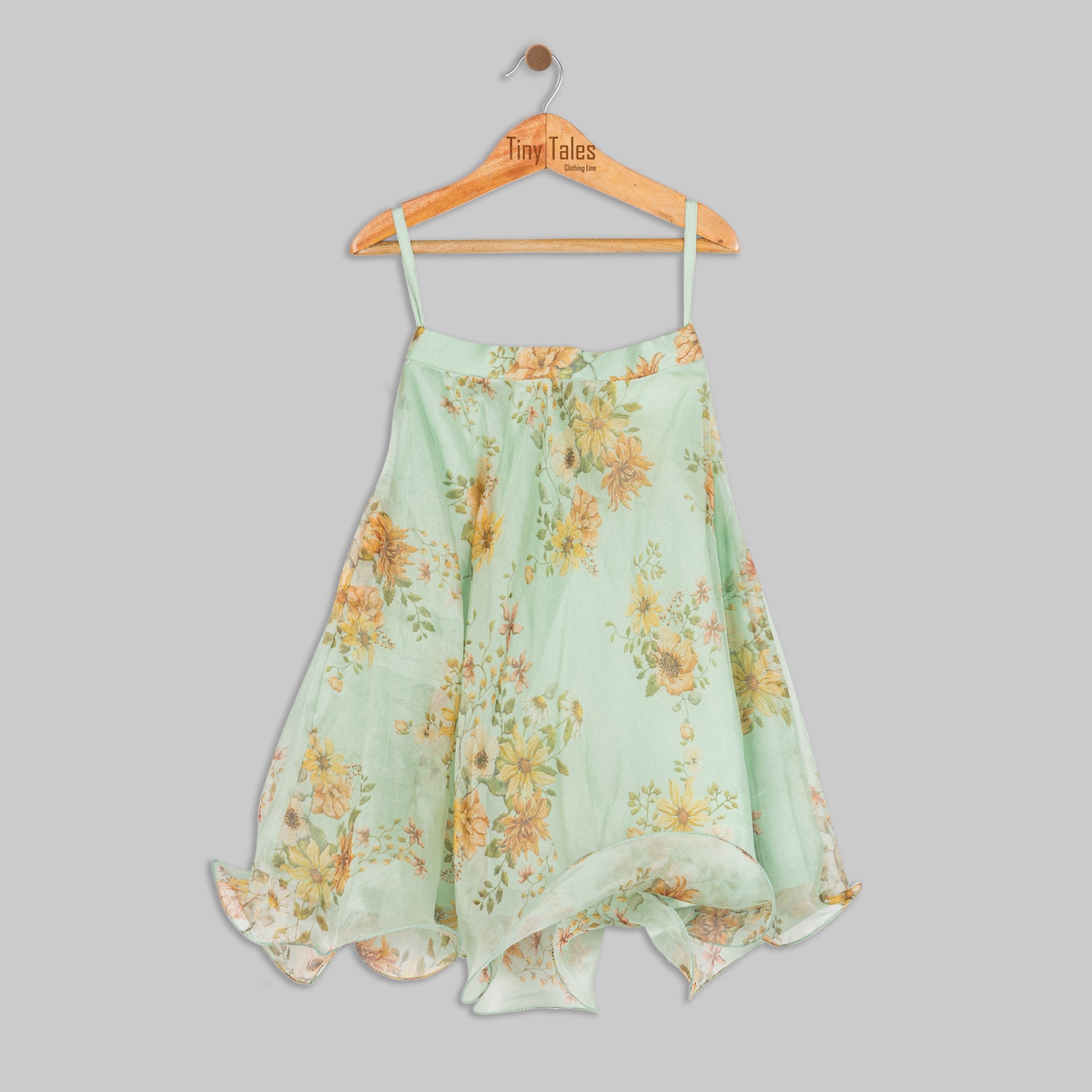 Green Printed Embroidered Blouse with Organza Skirt -  2 Yrs