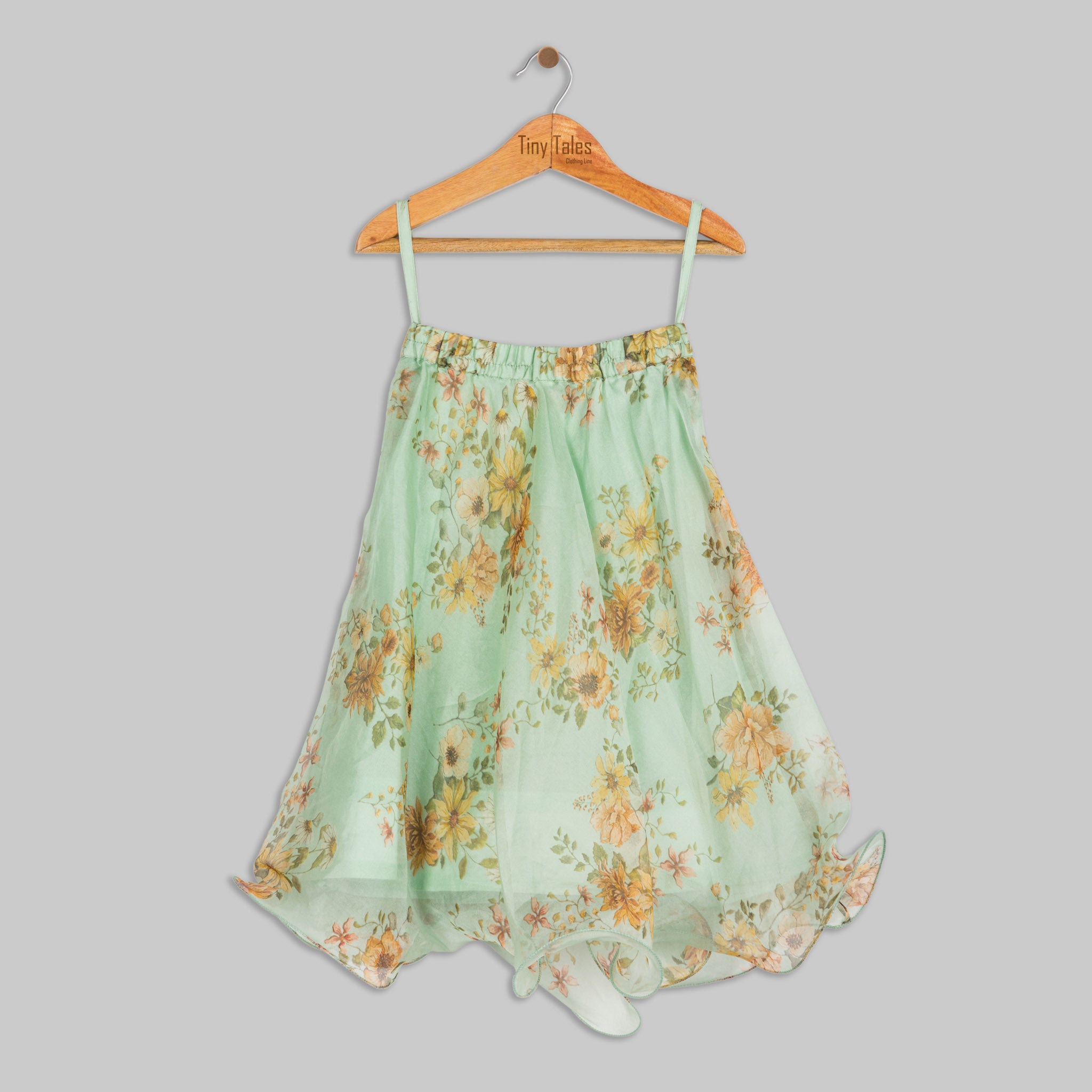 Green Printed Embroidered Blouse with Organza Skirt -  2 Yrs