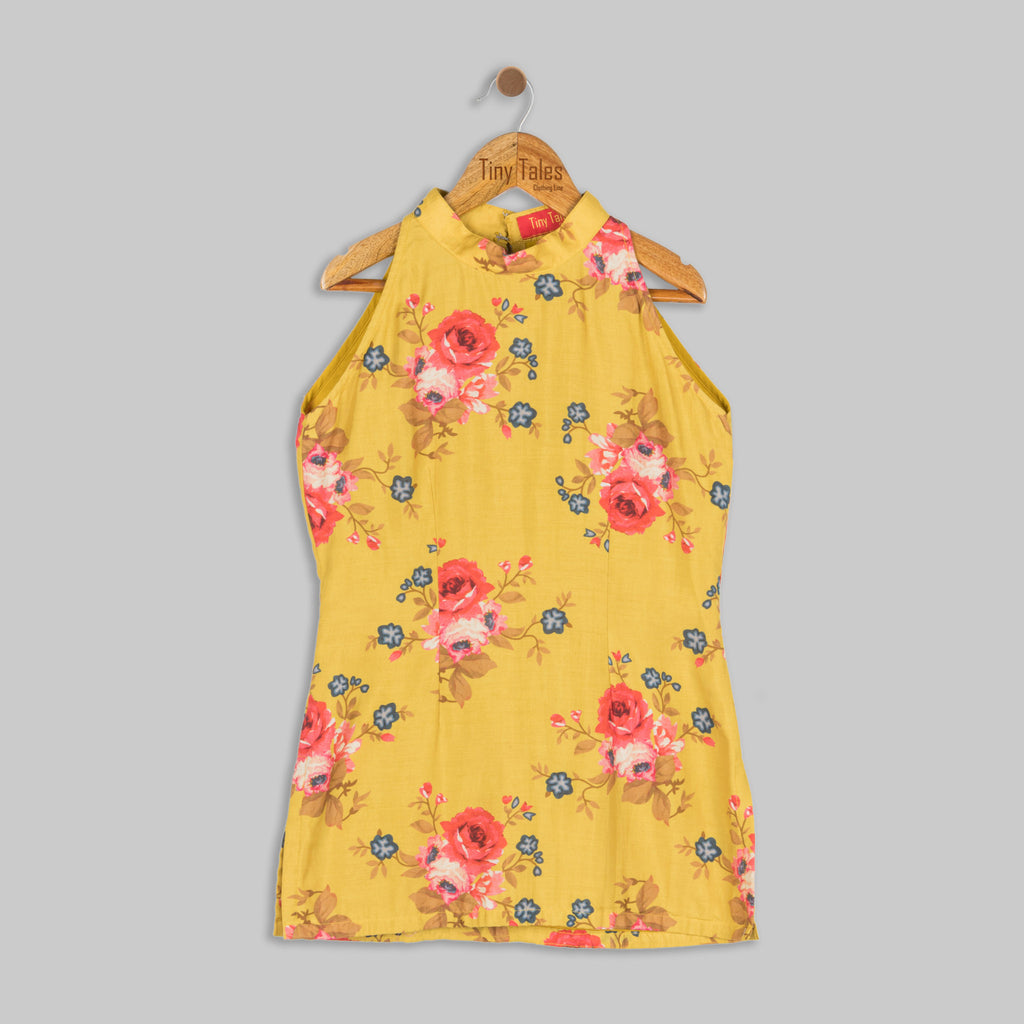 Mustard Printed Sharara Set with Potli Bag - 2 Yrs