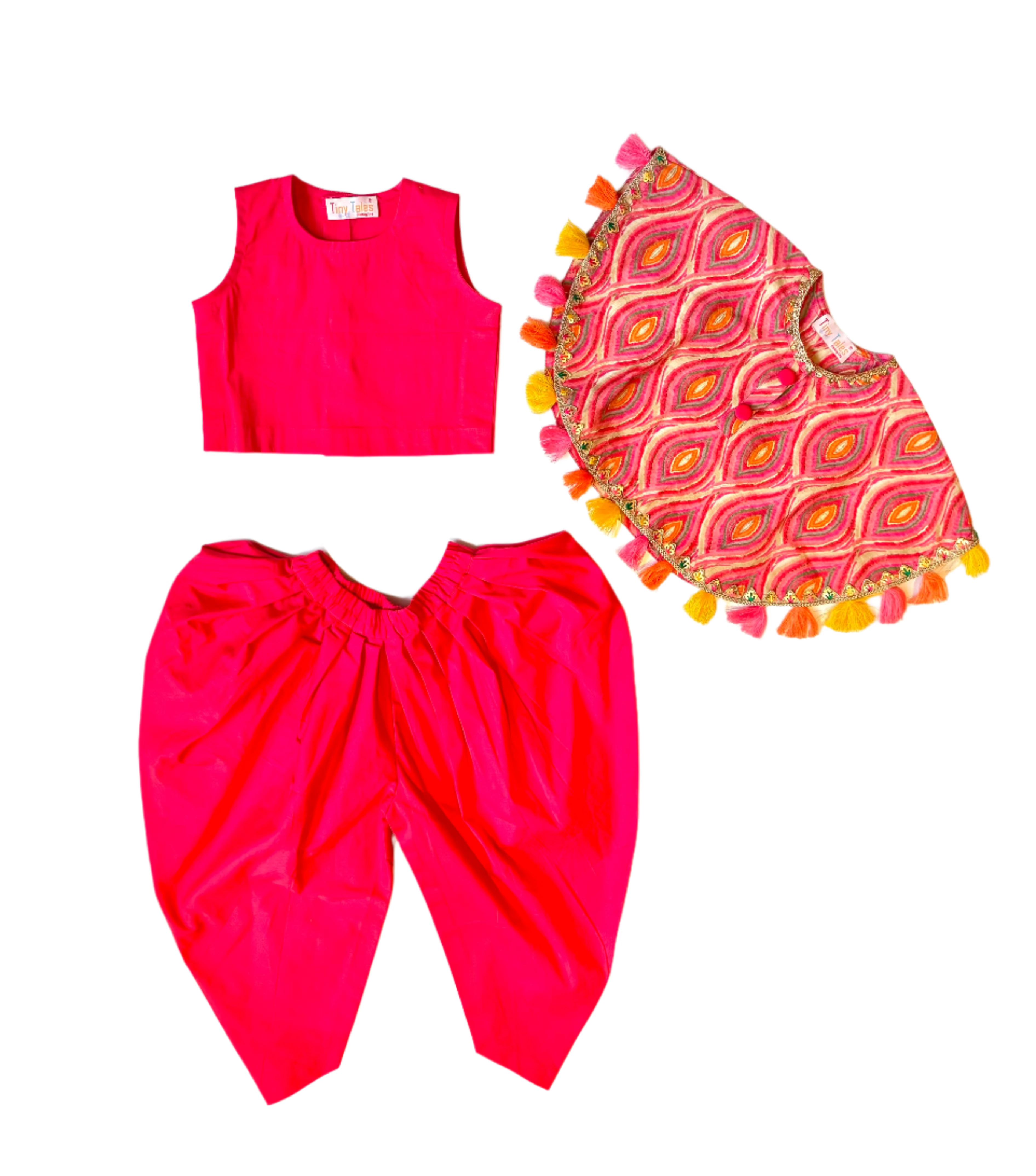Pink Dhoti Set With Printed Cape