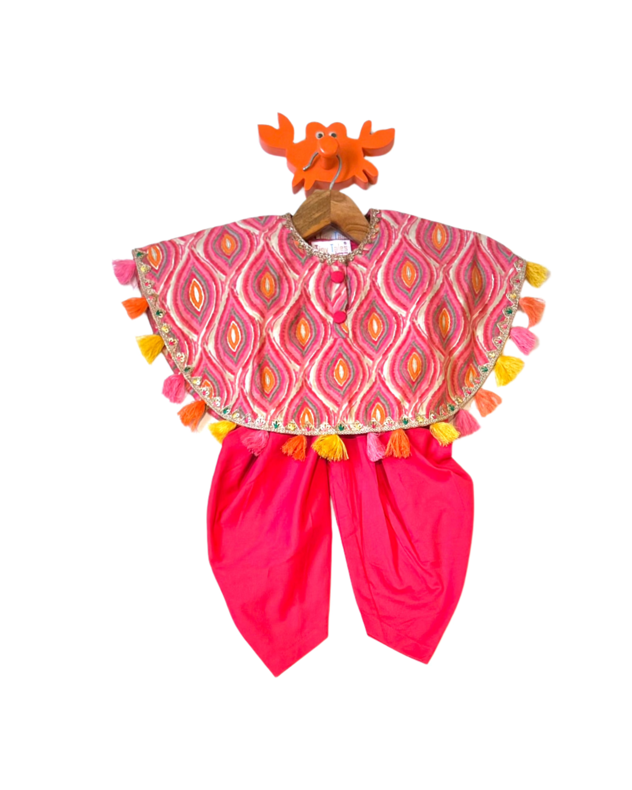 Pink Dhoti Set With Printed Cape