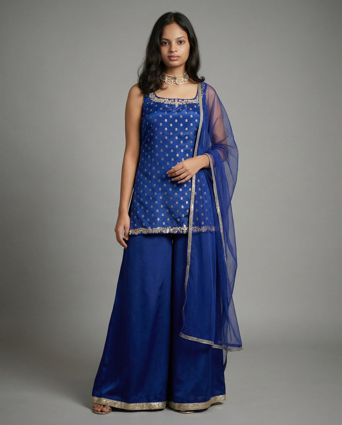 Embroidered Blue Brocade Kurta with Kali Pant & Dupatta