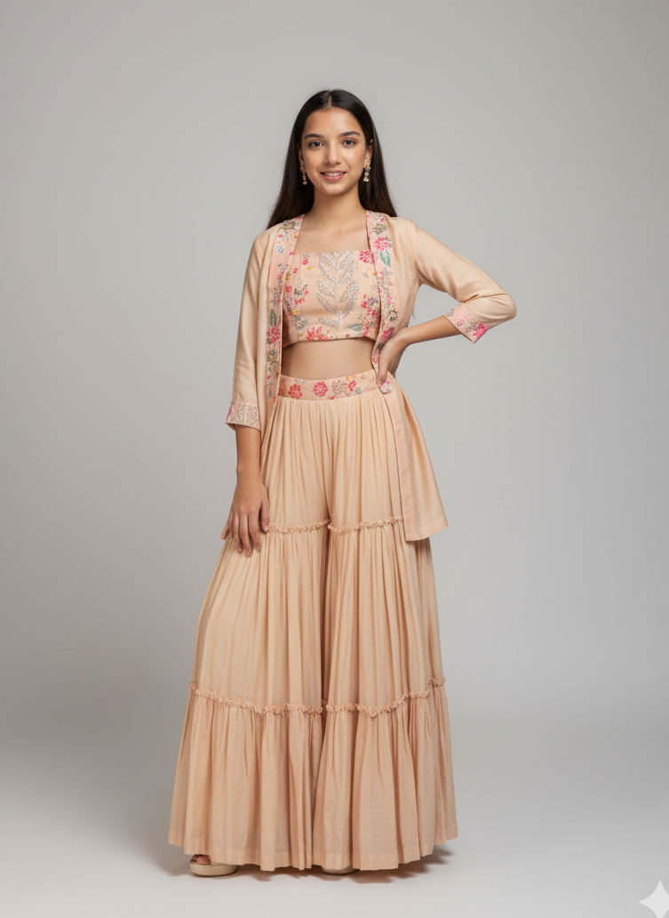 Pink Thread Work Blouse & Lehenga With Jacket