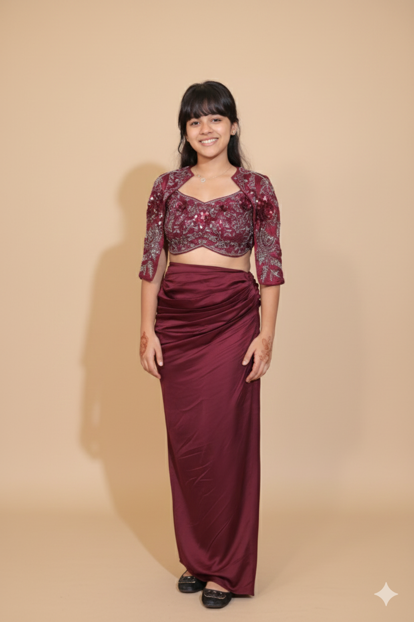 Purple Drape Skirt with Blouse and Jacket