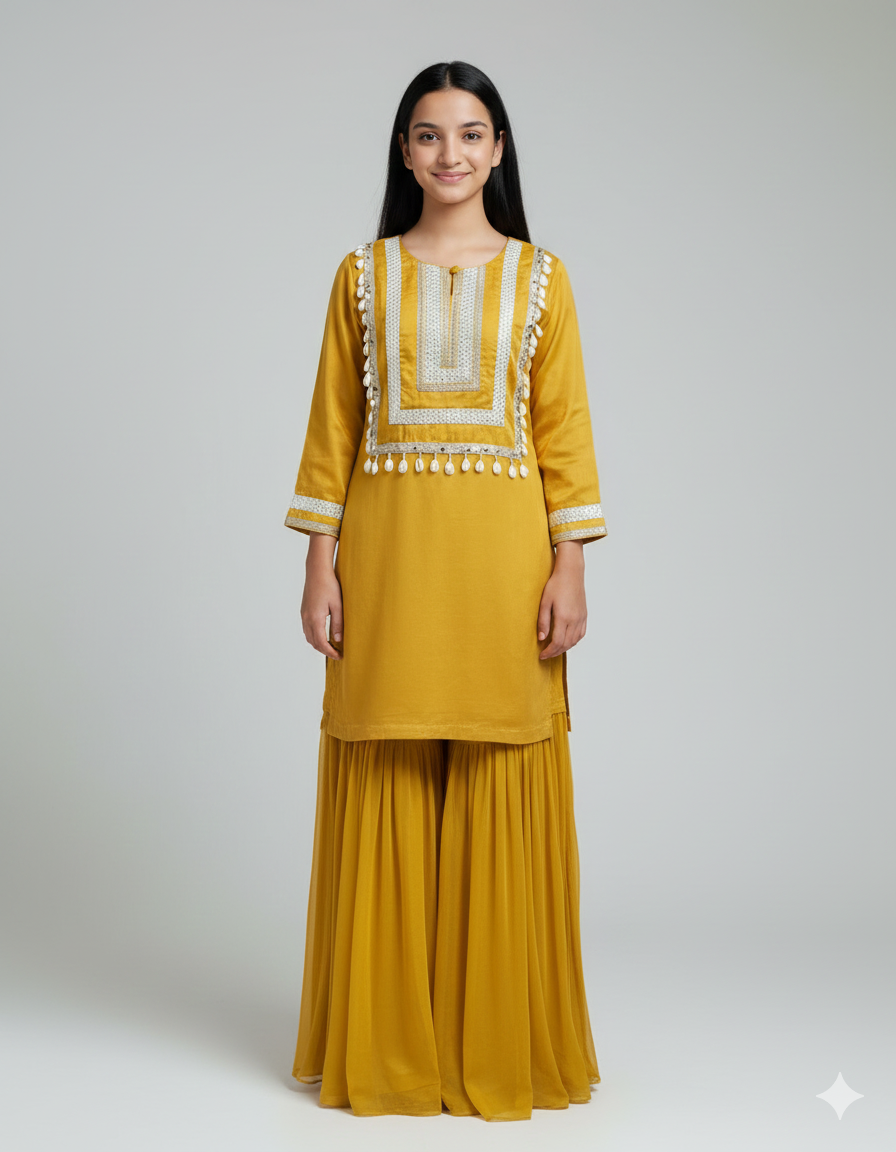 Mustard Shell Work Kurta Set