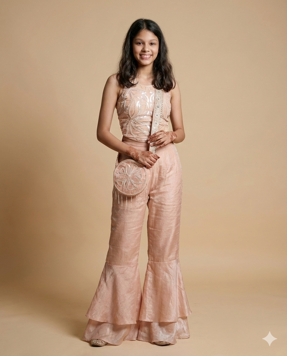 Pink Halter Embroidered Blouse with Flared Pants & Crossbody Bag