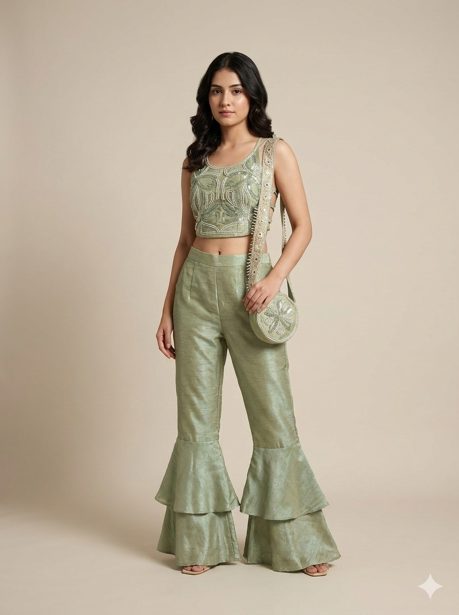 Green Halter Embroidered Blouse with Flared Pants & Crossbody Bag