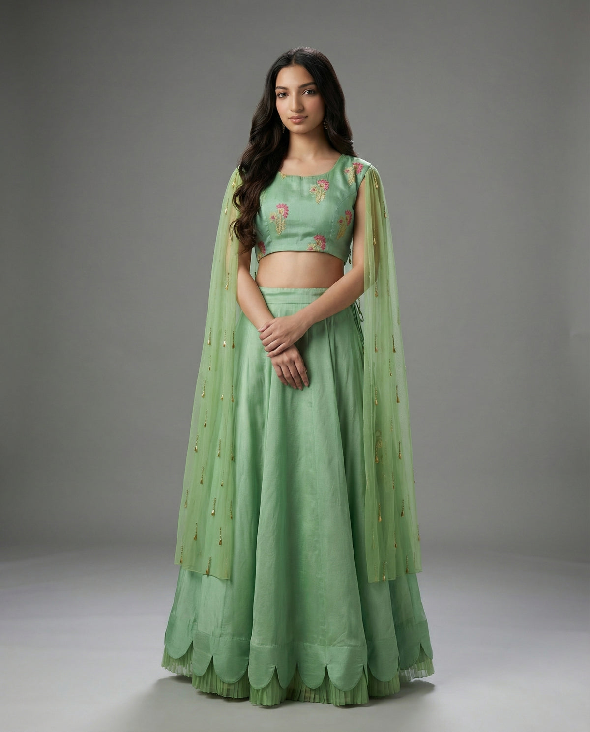 Green Brocade Long Sleeves Lehenga Set