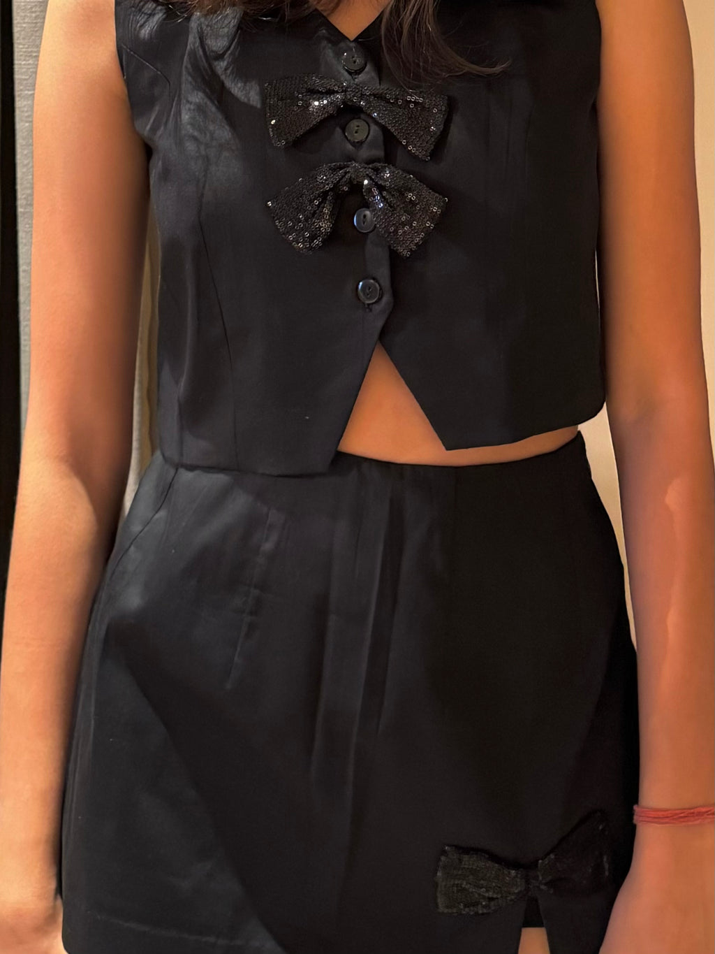 Black Waistcoat And Skorts With Sequence Bows