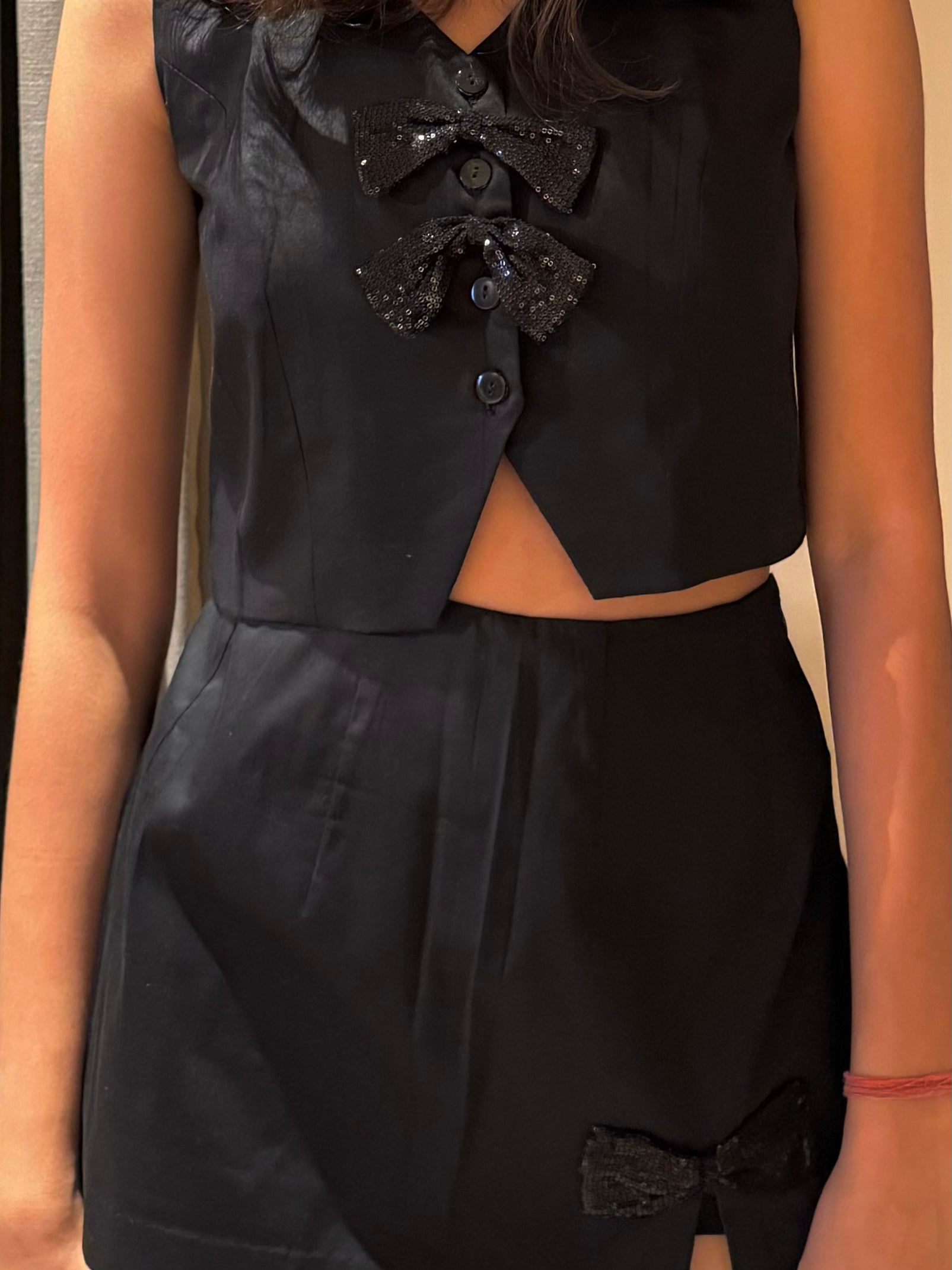 Black Waistcoat And Skorts With Sequence Bows