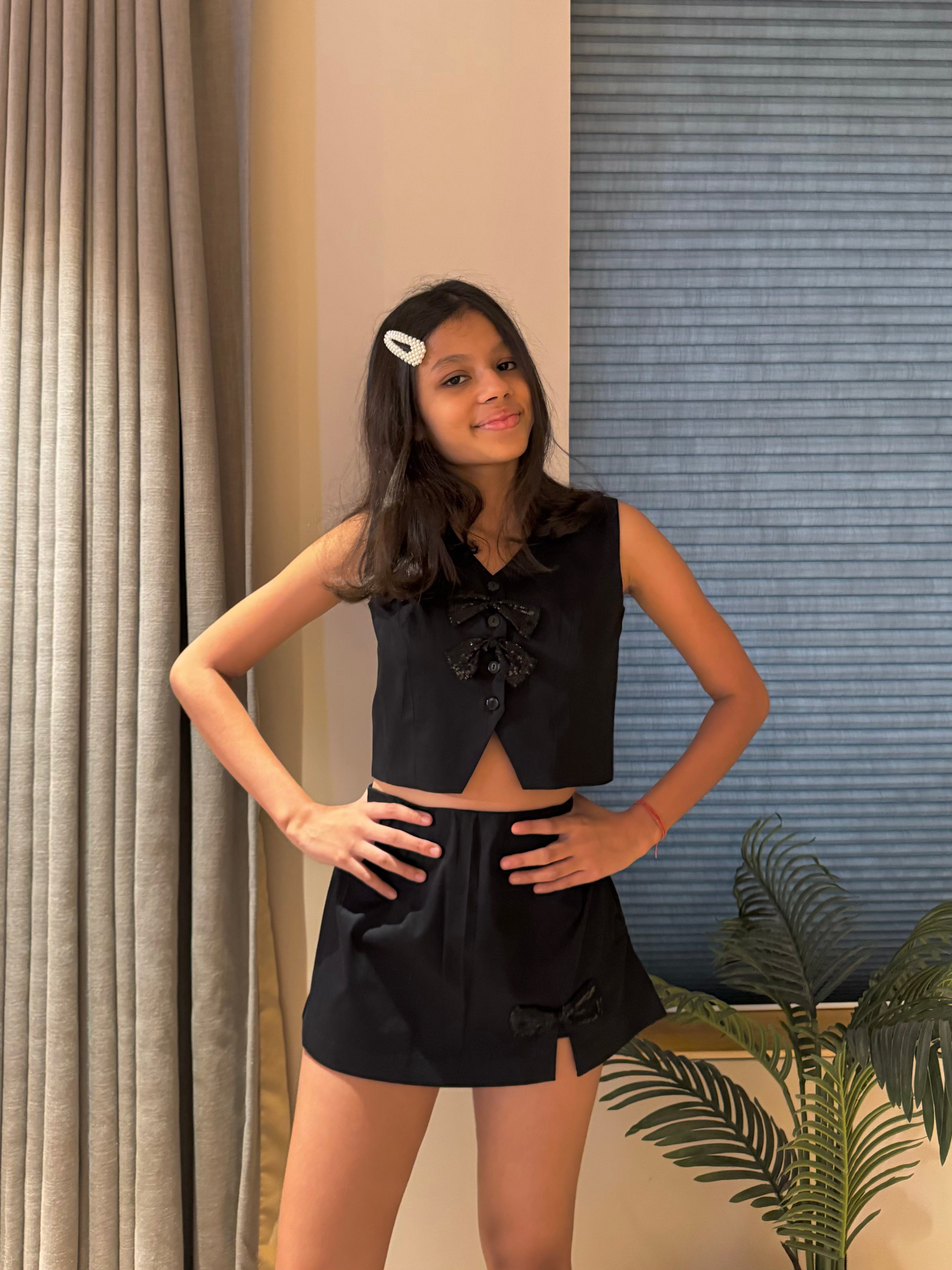Black Waistcoat And Skorts With Sequence Bows