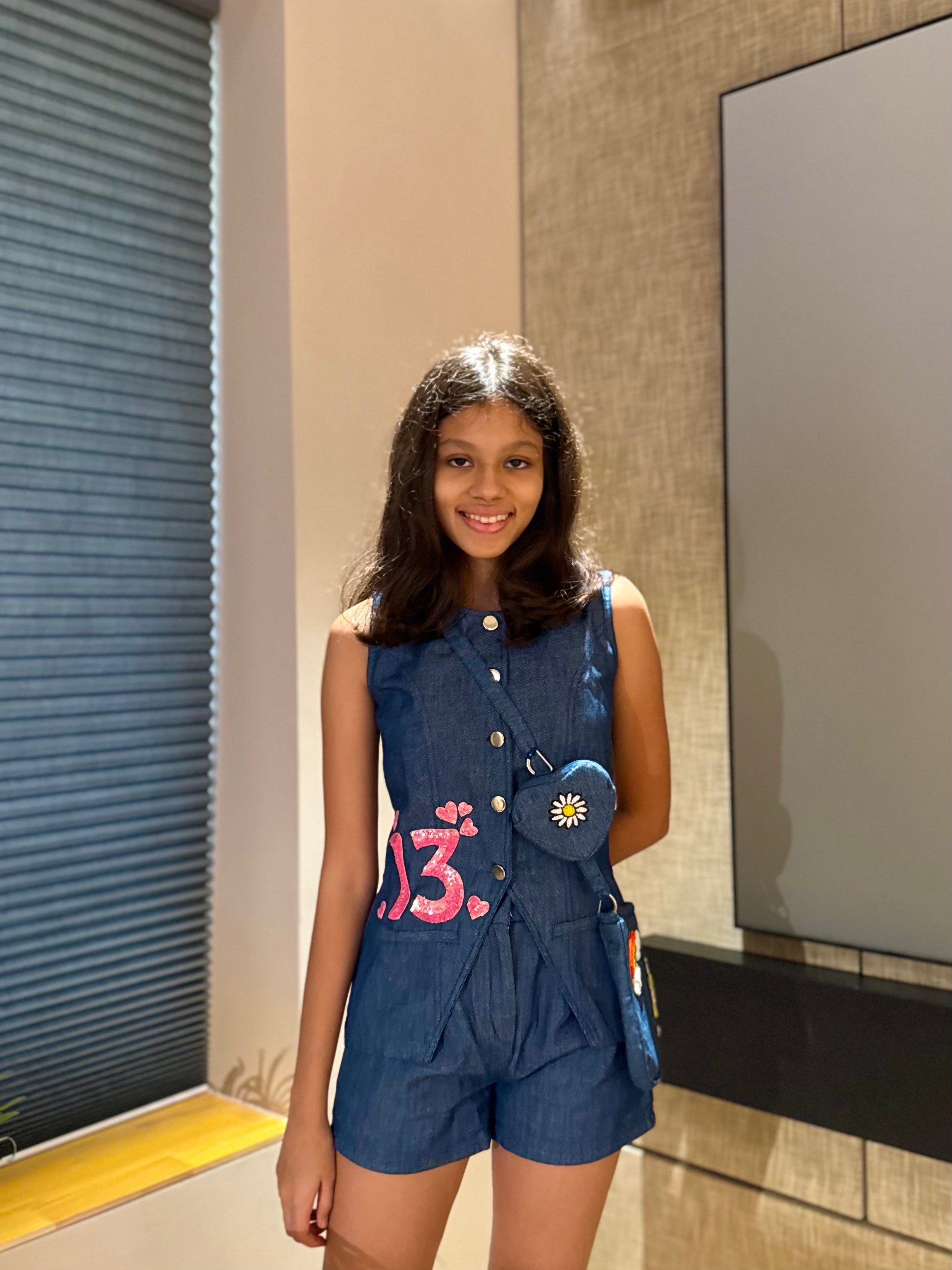 Custom Denim Waistcoat And Shorts Set With Bag