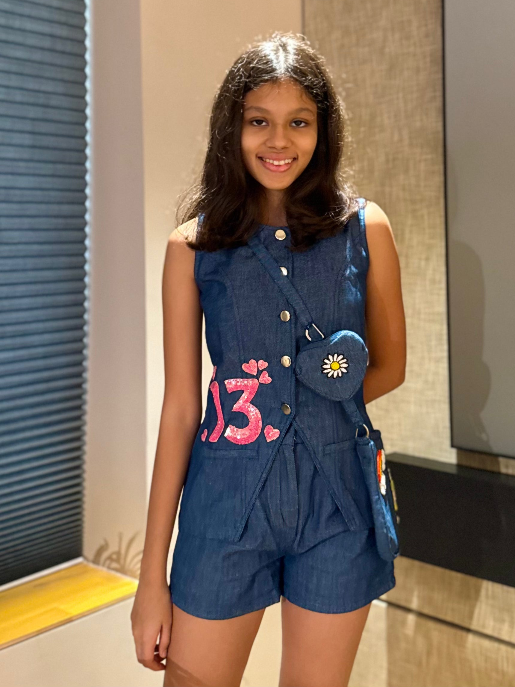 Custom Denim Waistcoat And Shorts Set With Bag