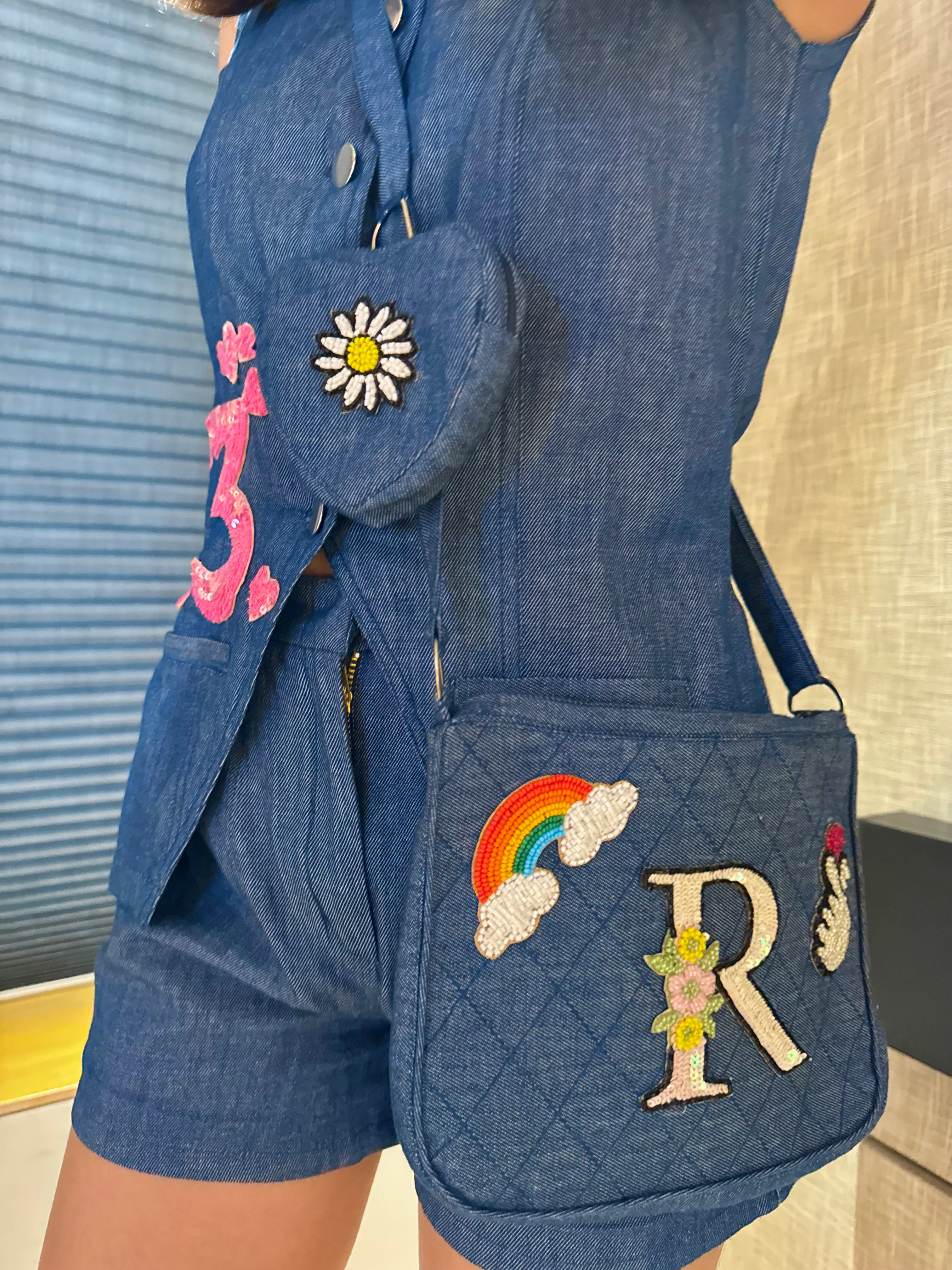 Custom Denim Waistcoat And Shorts Set With Bag