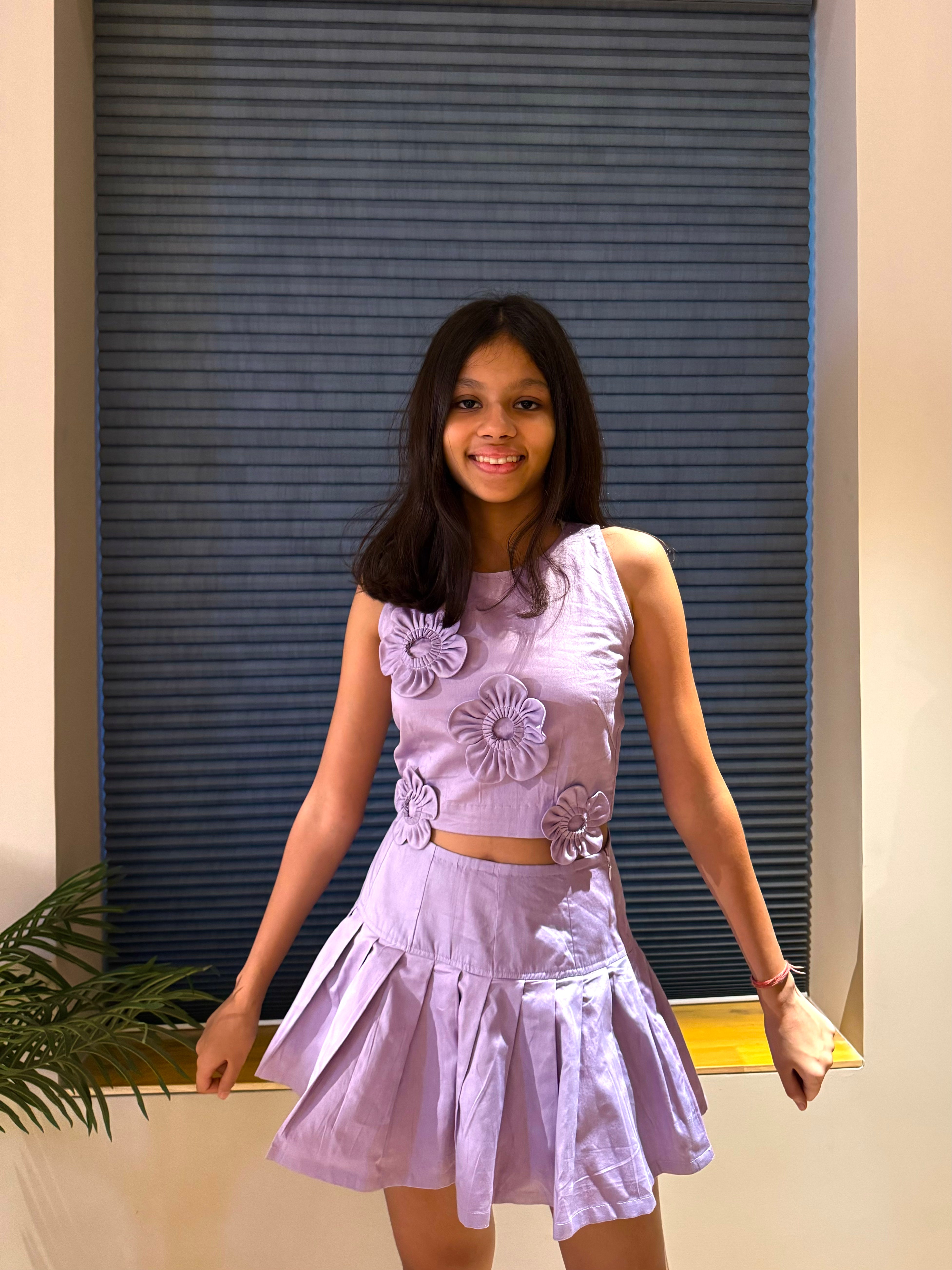 Lavender Flower Top And Skirt Set
