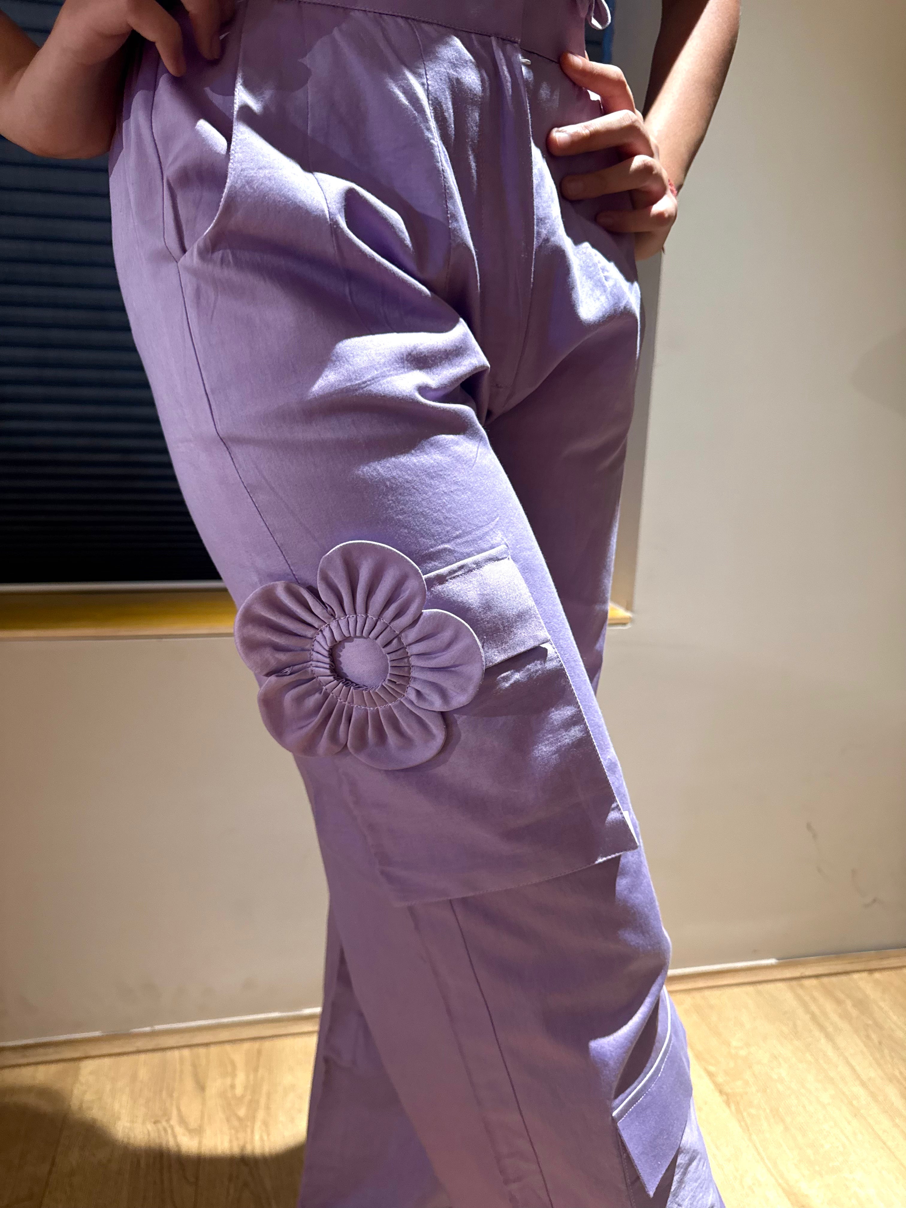 Lavender Flower Top And Cargo Pants Set