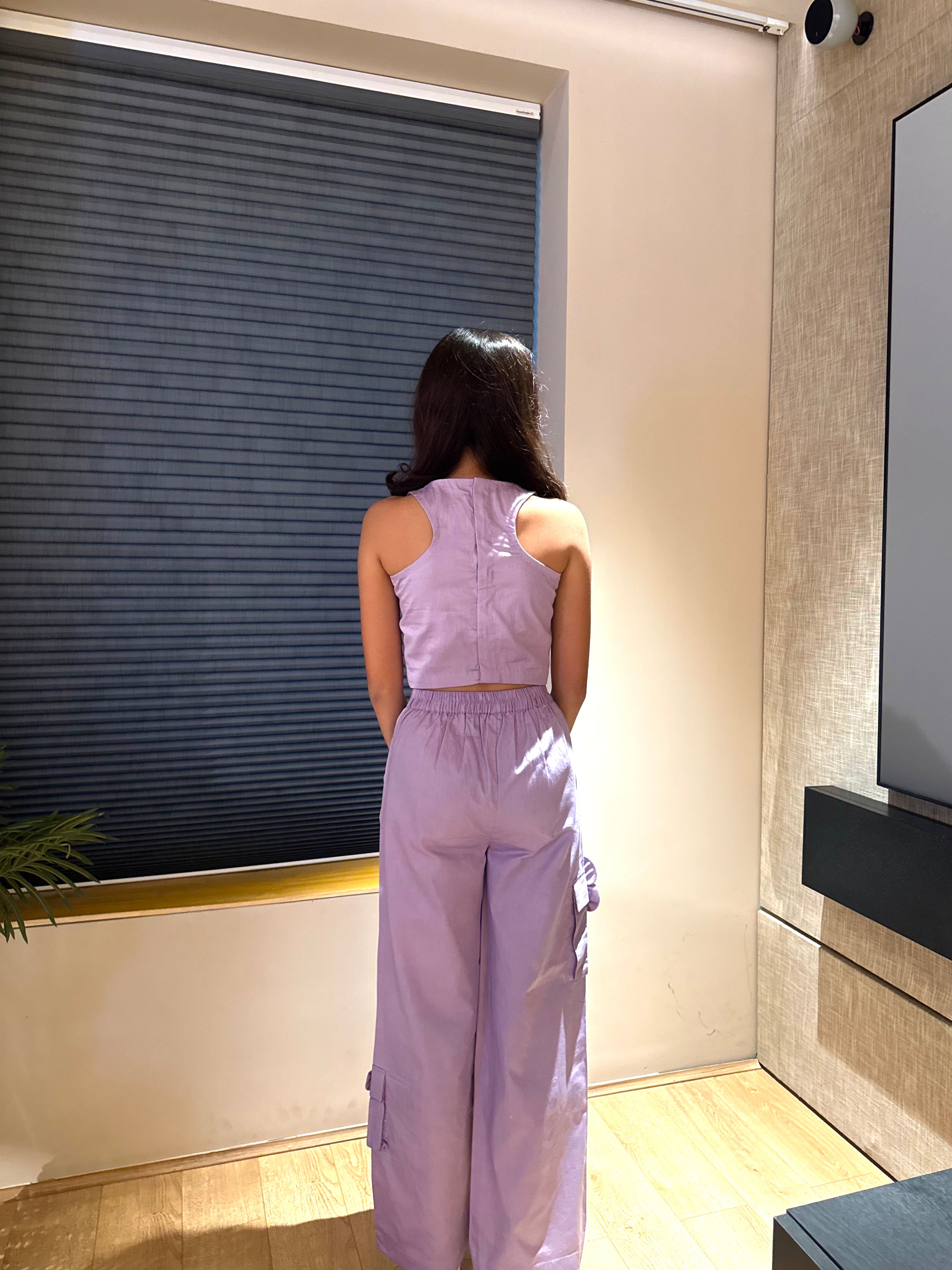 Lavender Flower Top And Cargo Pants Set