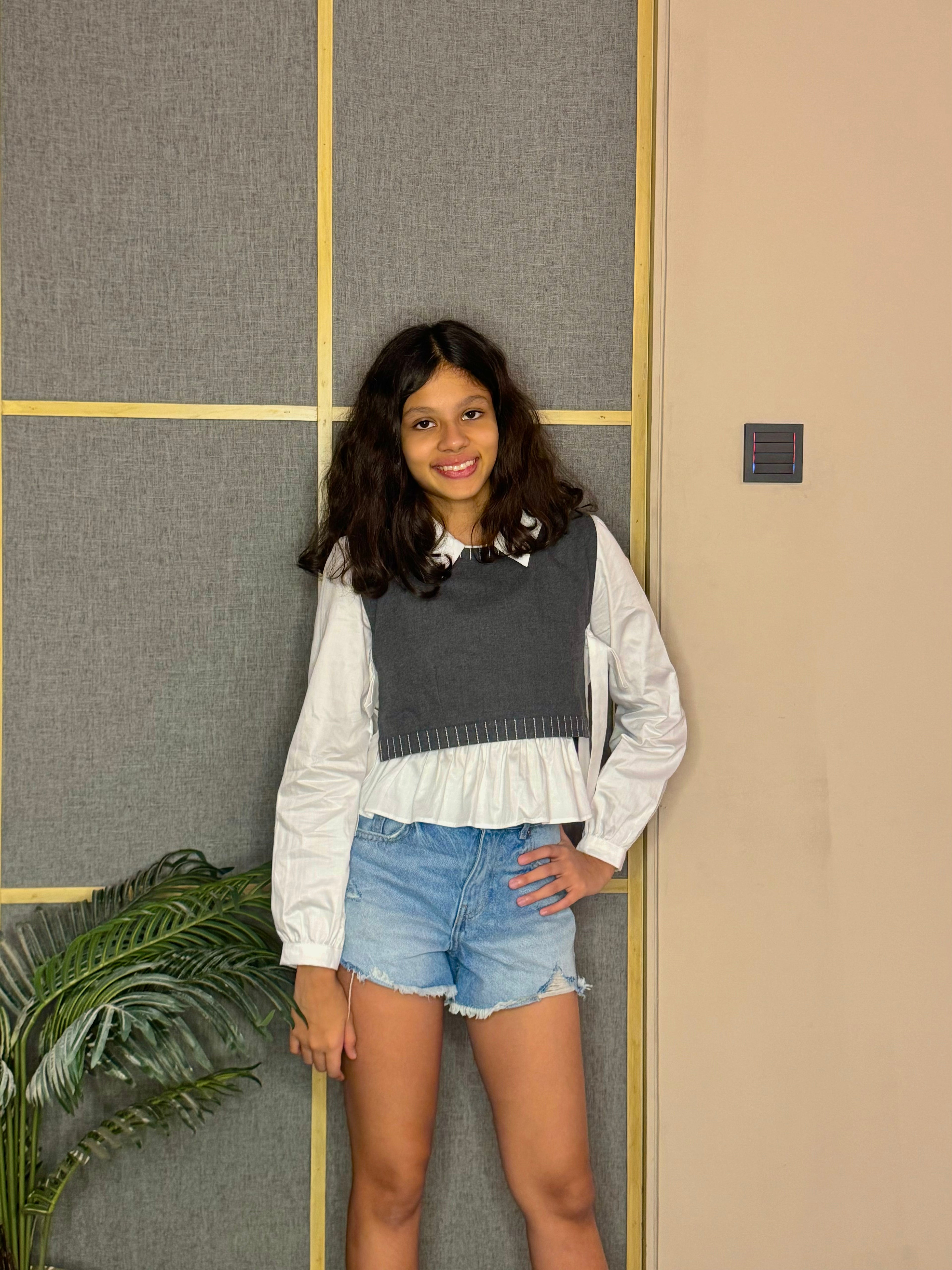 White Pleated Shirt With Grey Bib