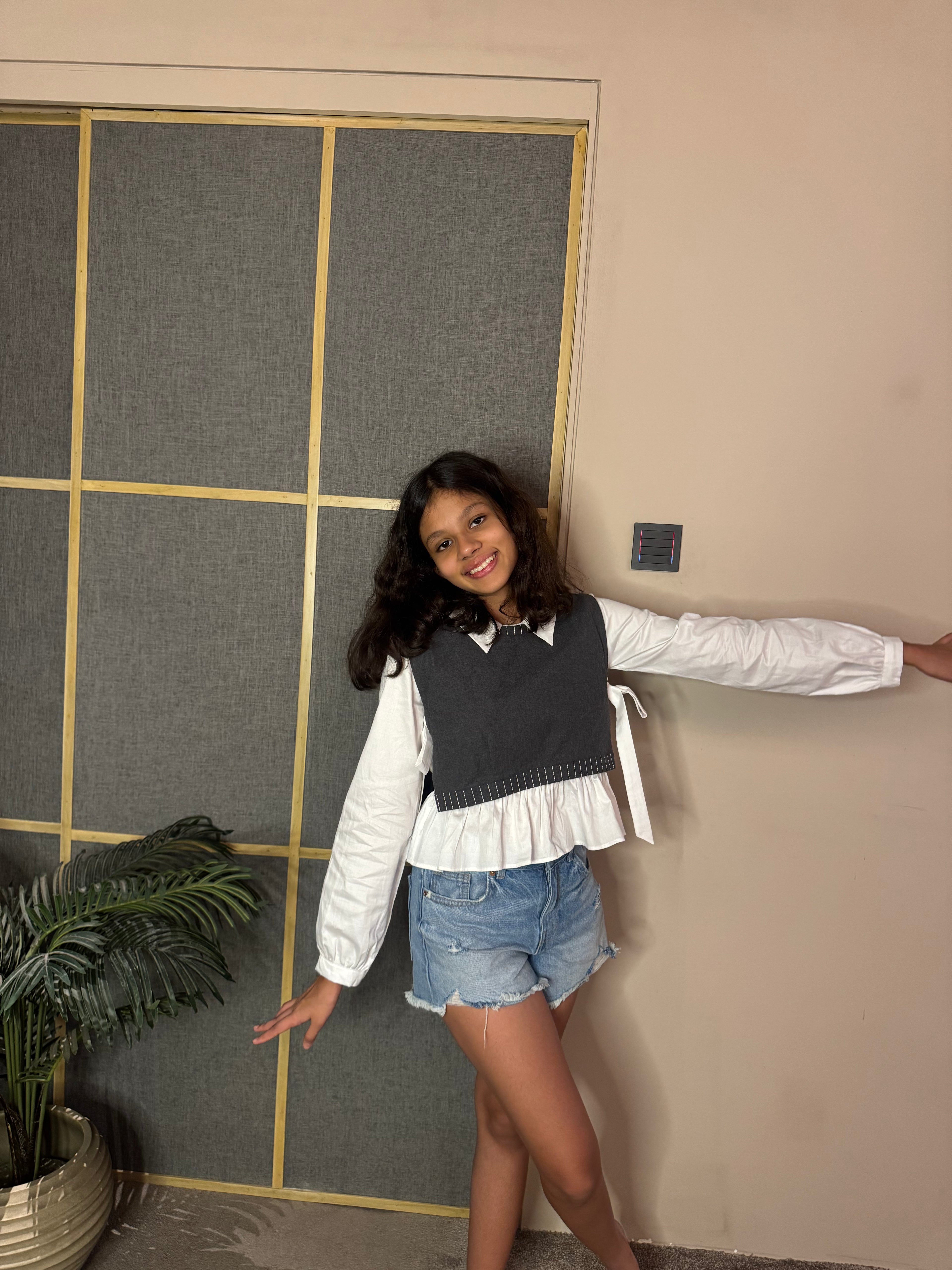 White Pleated Shirt With Grey Bib