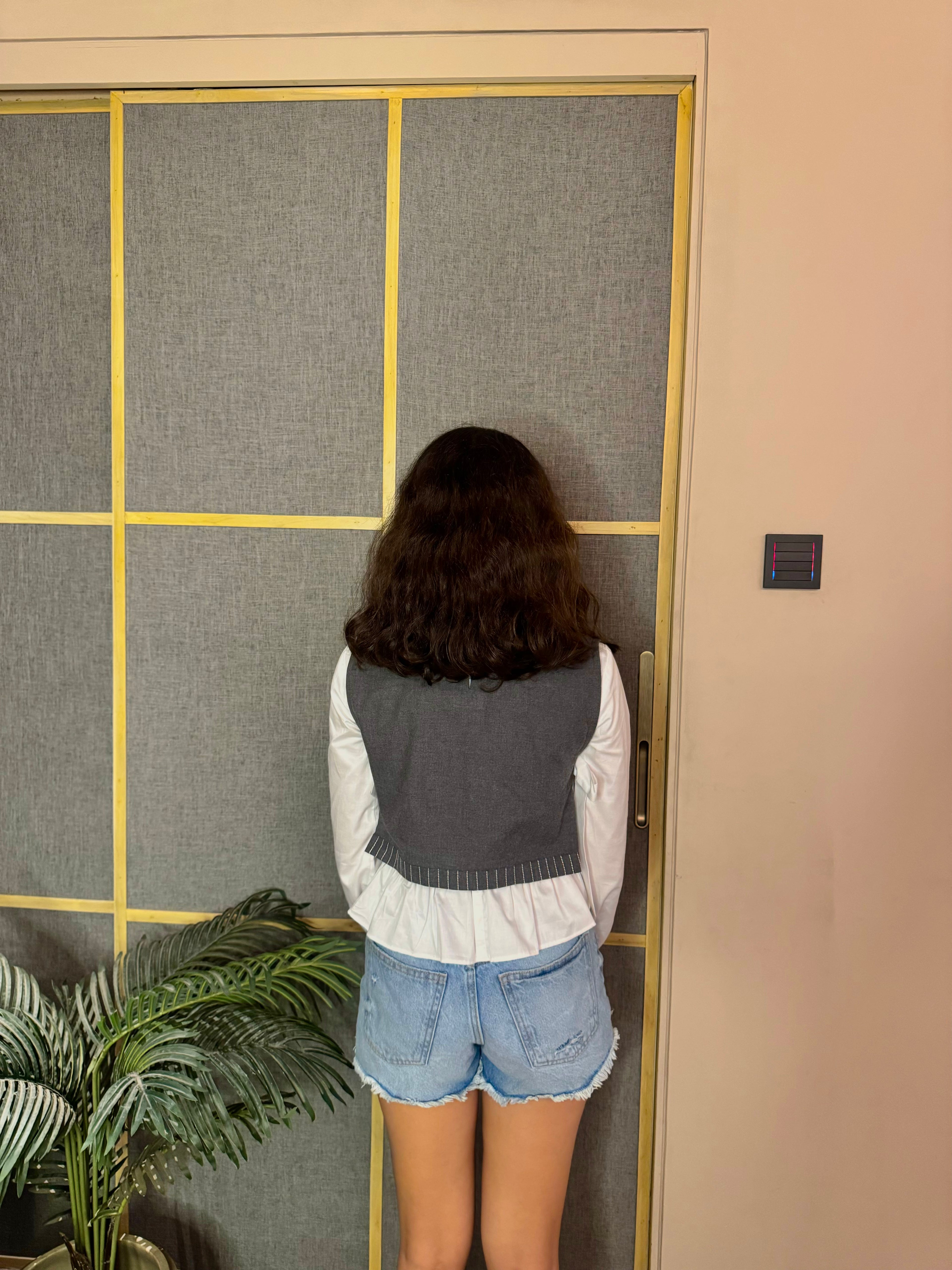 White Pleated Shirt With Grey Bib