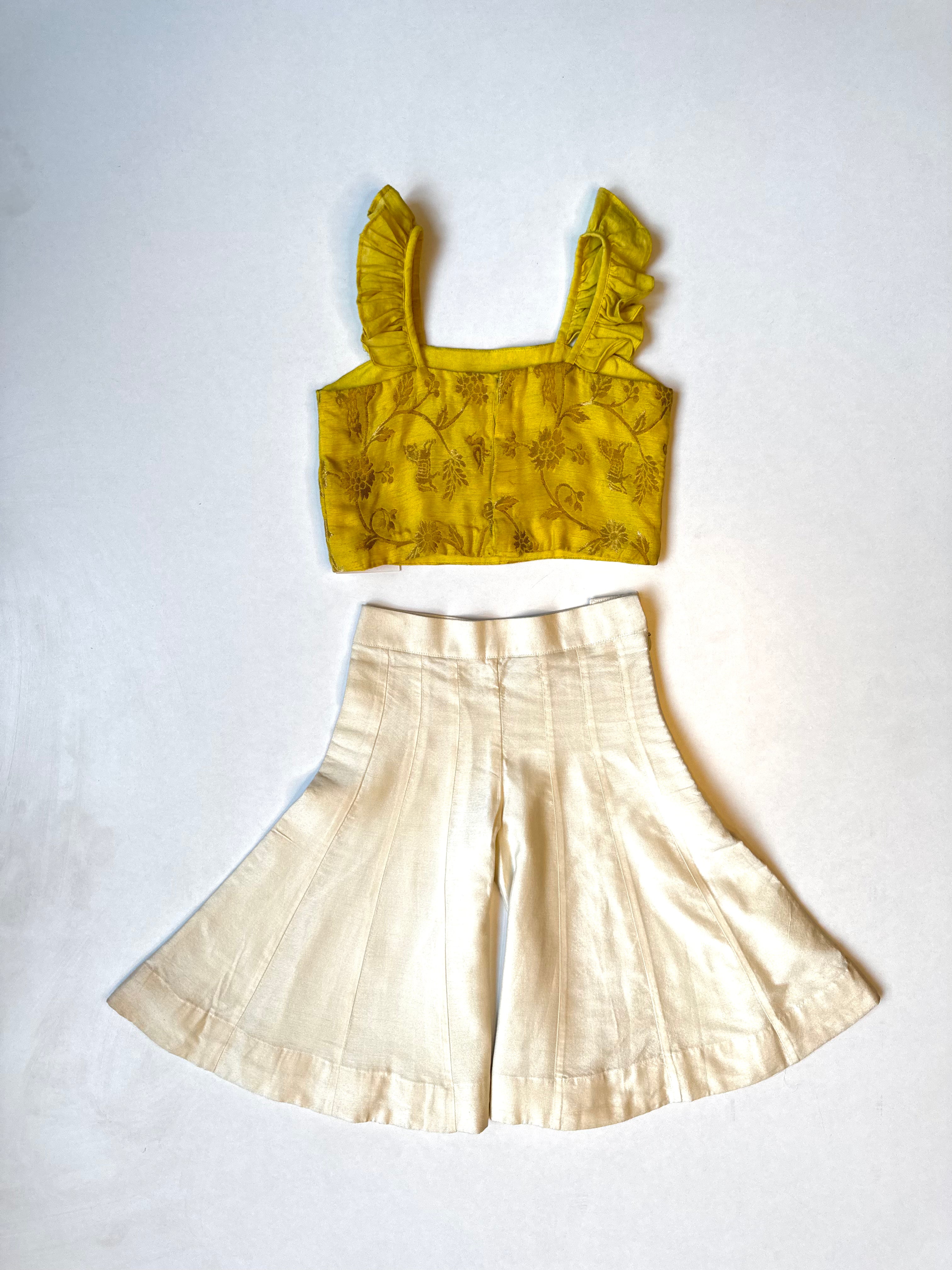 Yellow Frill Crop Top With White Kali Pants