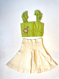 Green Frill Crop Top With White Kali Pants - 1 Yrs