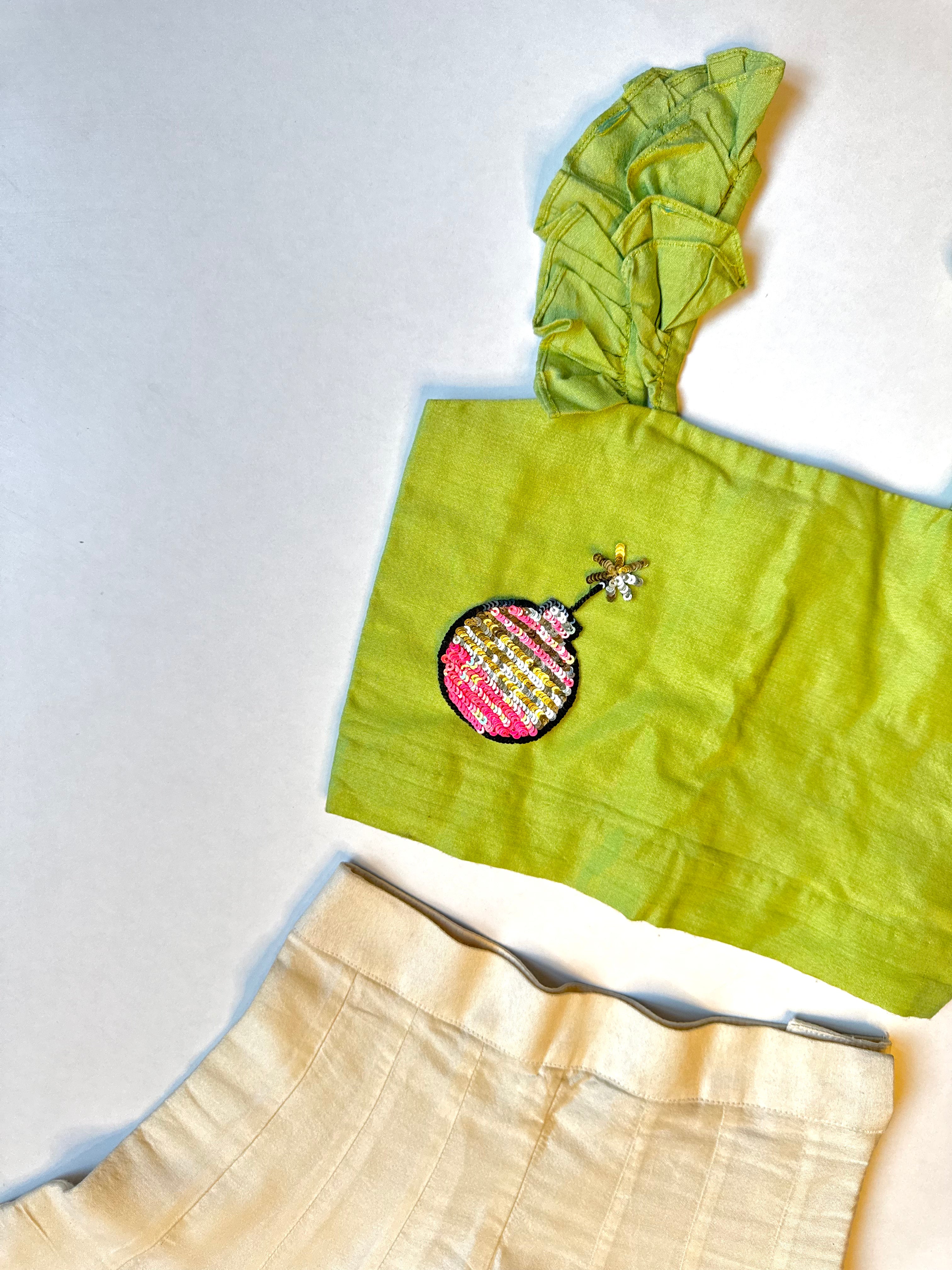 Green Frill Crop Top With White Kali Pants - 1 Yrs
