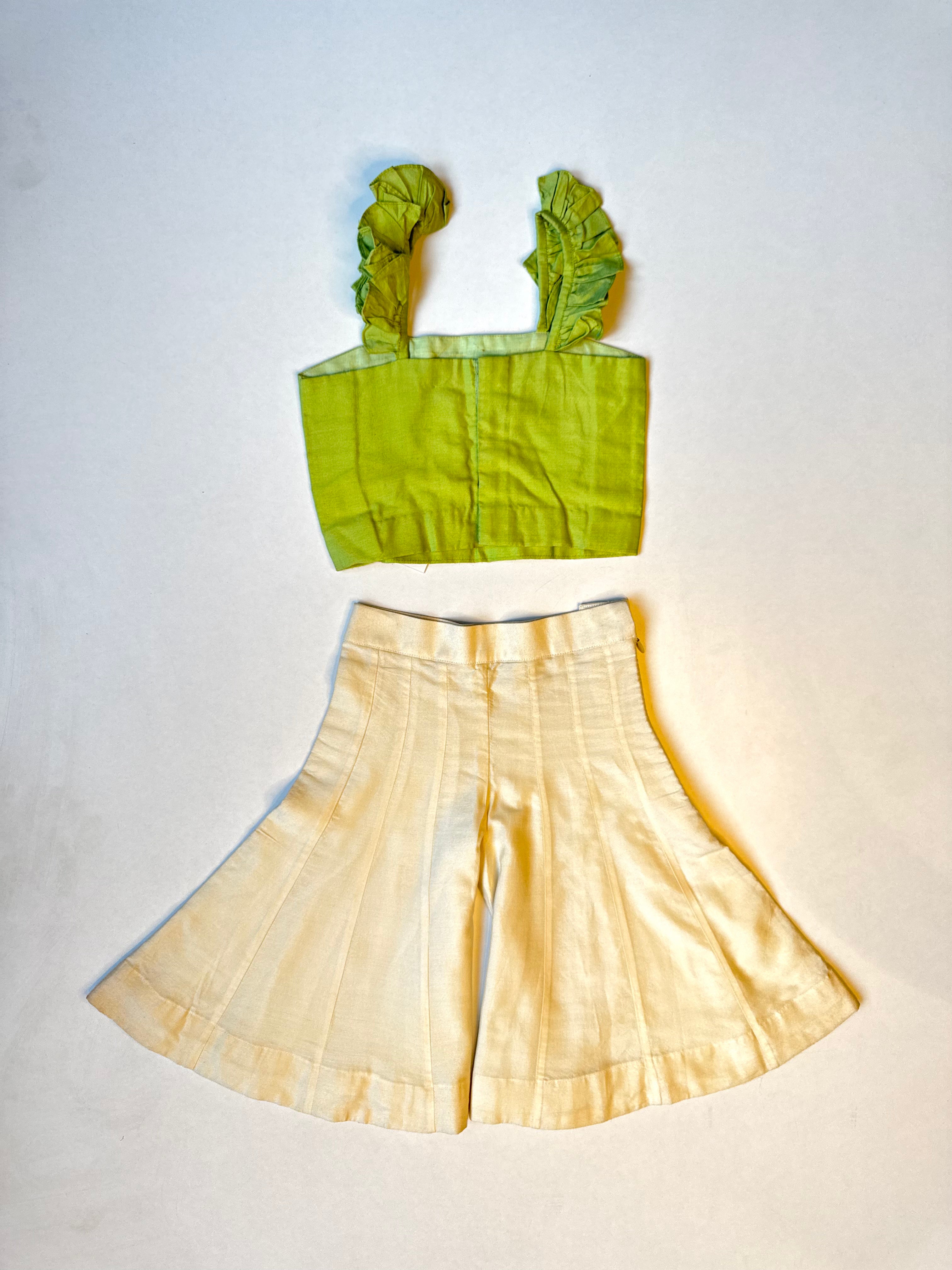 Green Frill Crop Top With White Kali Pants