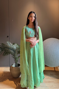 Green Brocade Long Sleeves Lehenga Set