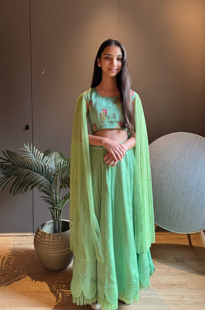 Green Brocade Long Sleeves Lehenga Set