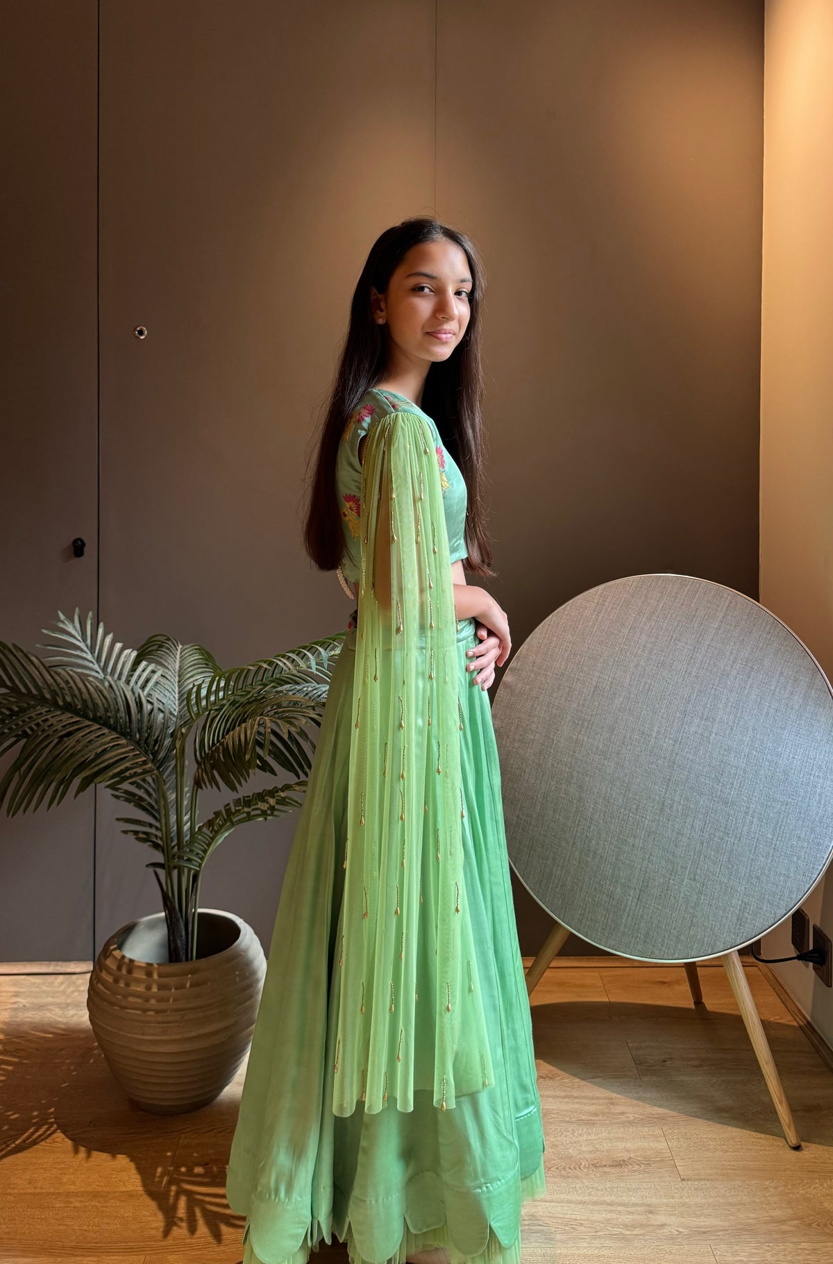 Green Brocade Long Sleeves Lehenga Set