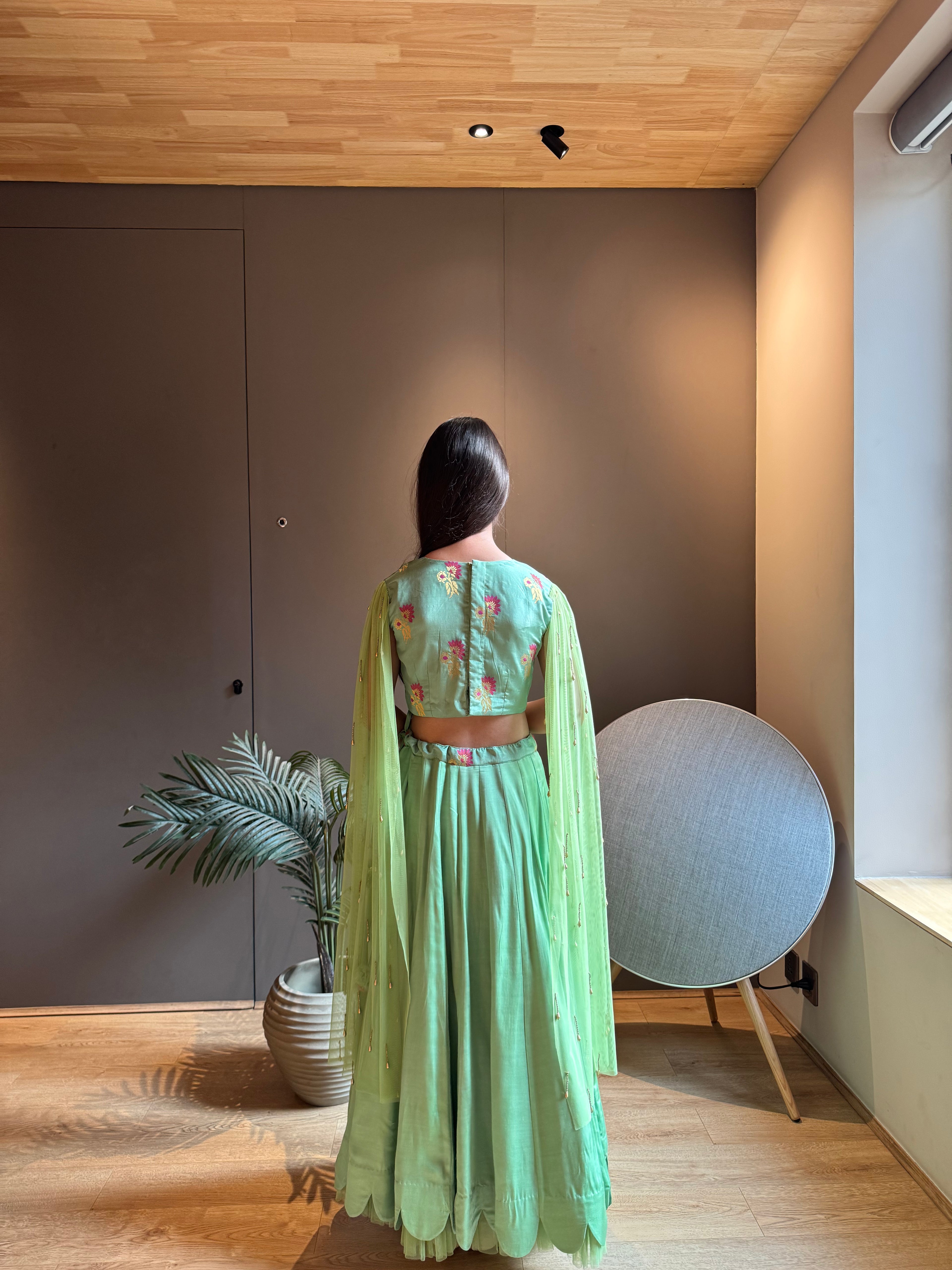 Green Brocade Long Sleeves Lehenga Set