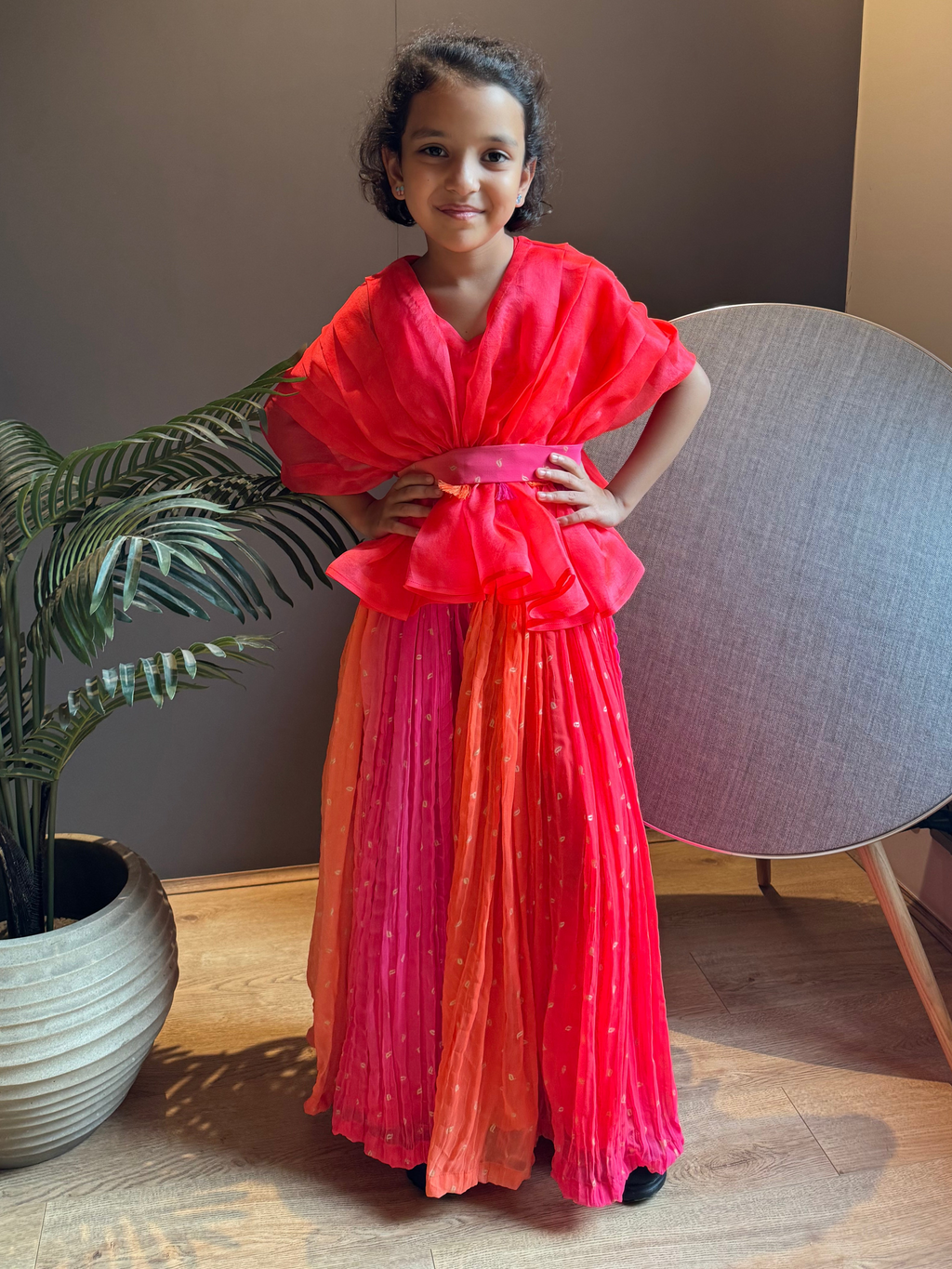 Orange Organza Top With Shaded Bandhni Pants