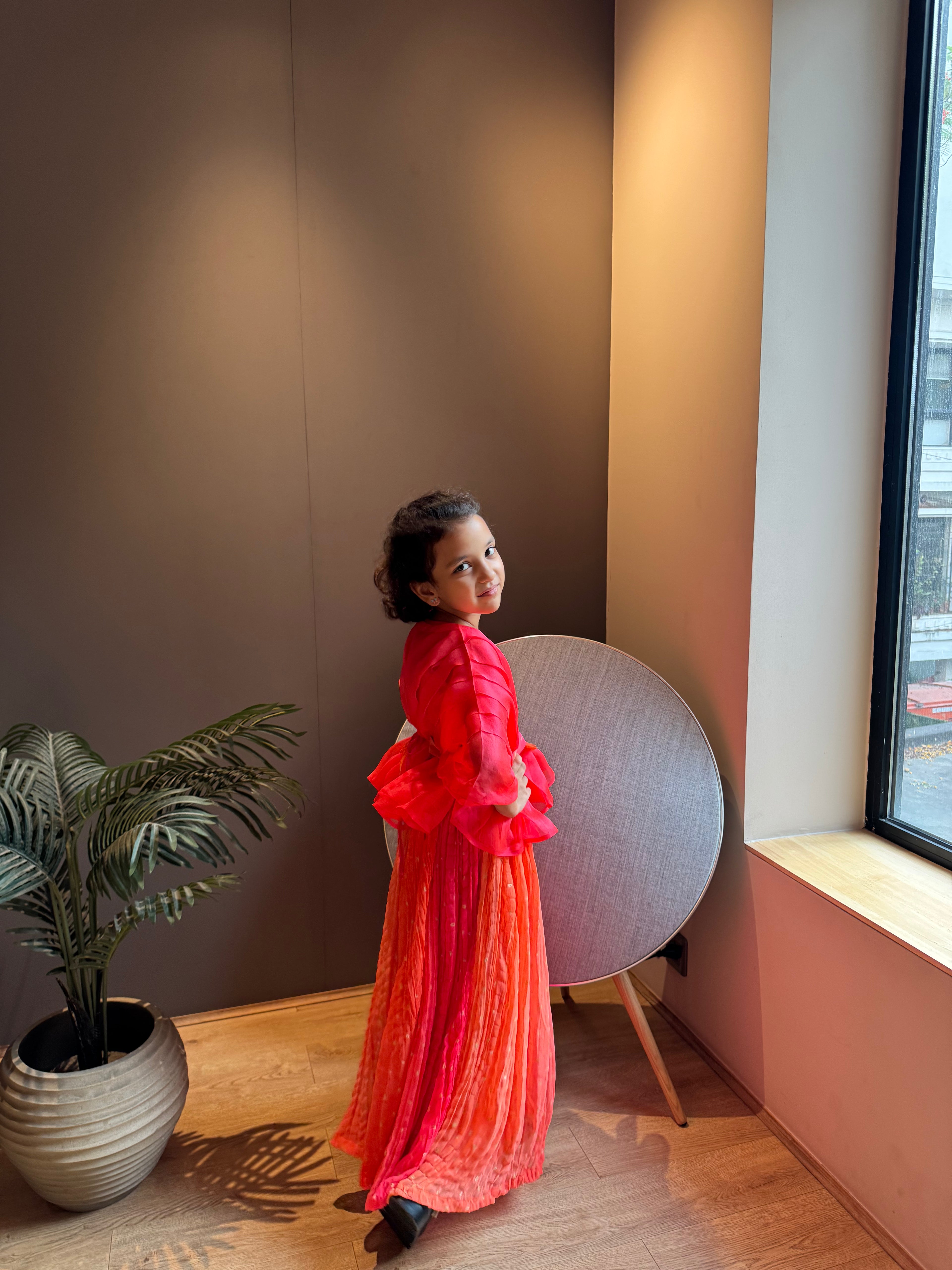 Orange Organza Top With Shaded Bandhni Pants