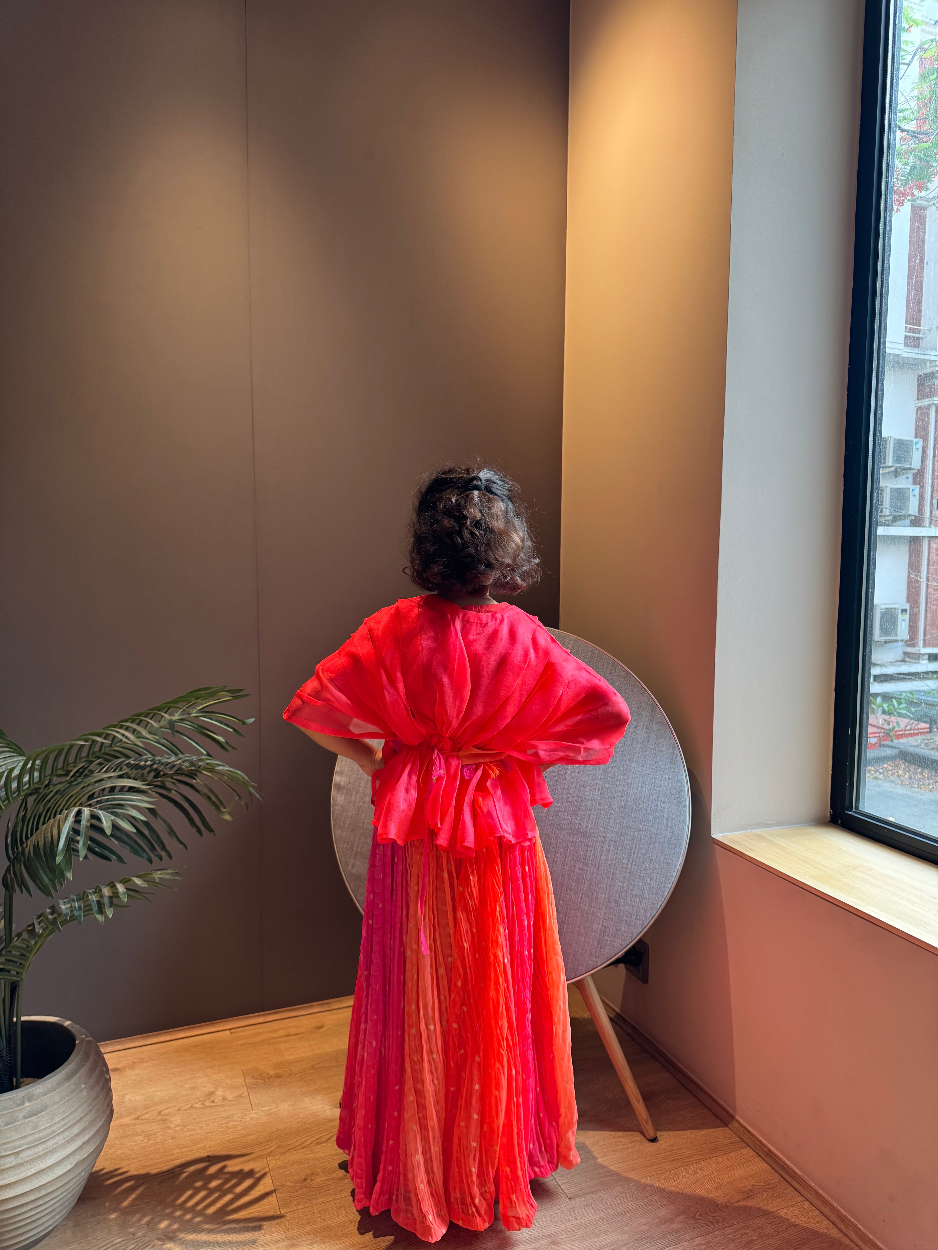 Orange Organza Top With Shaded Bandhni Pants