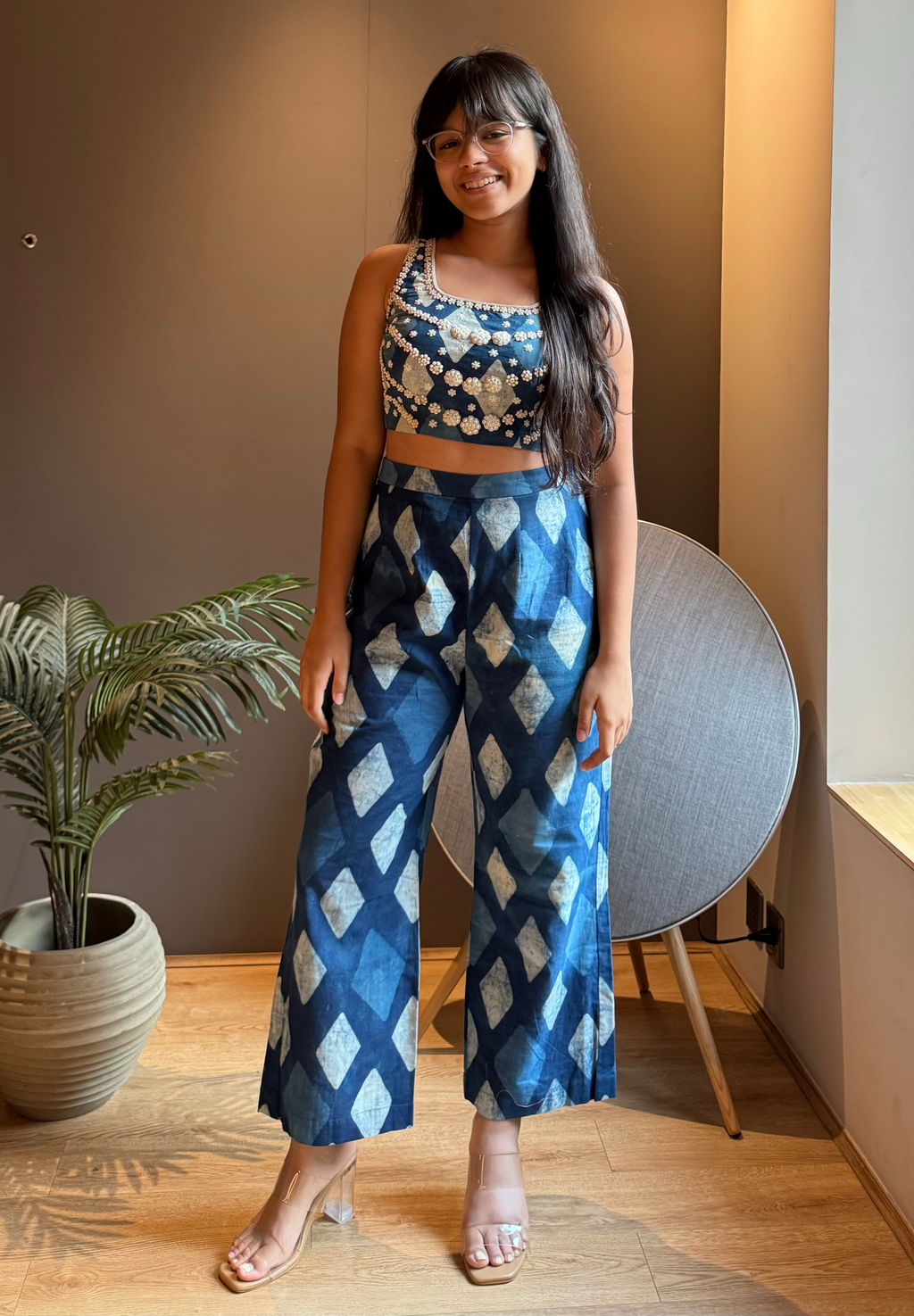 Indigo Embroidered Top With Flared Pants