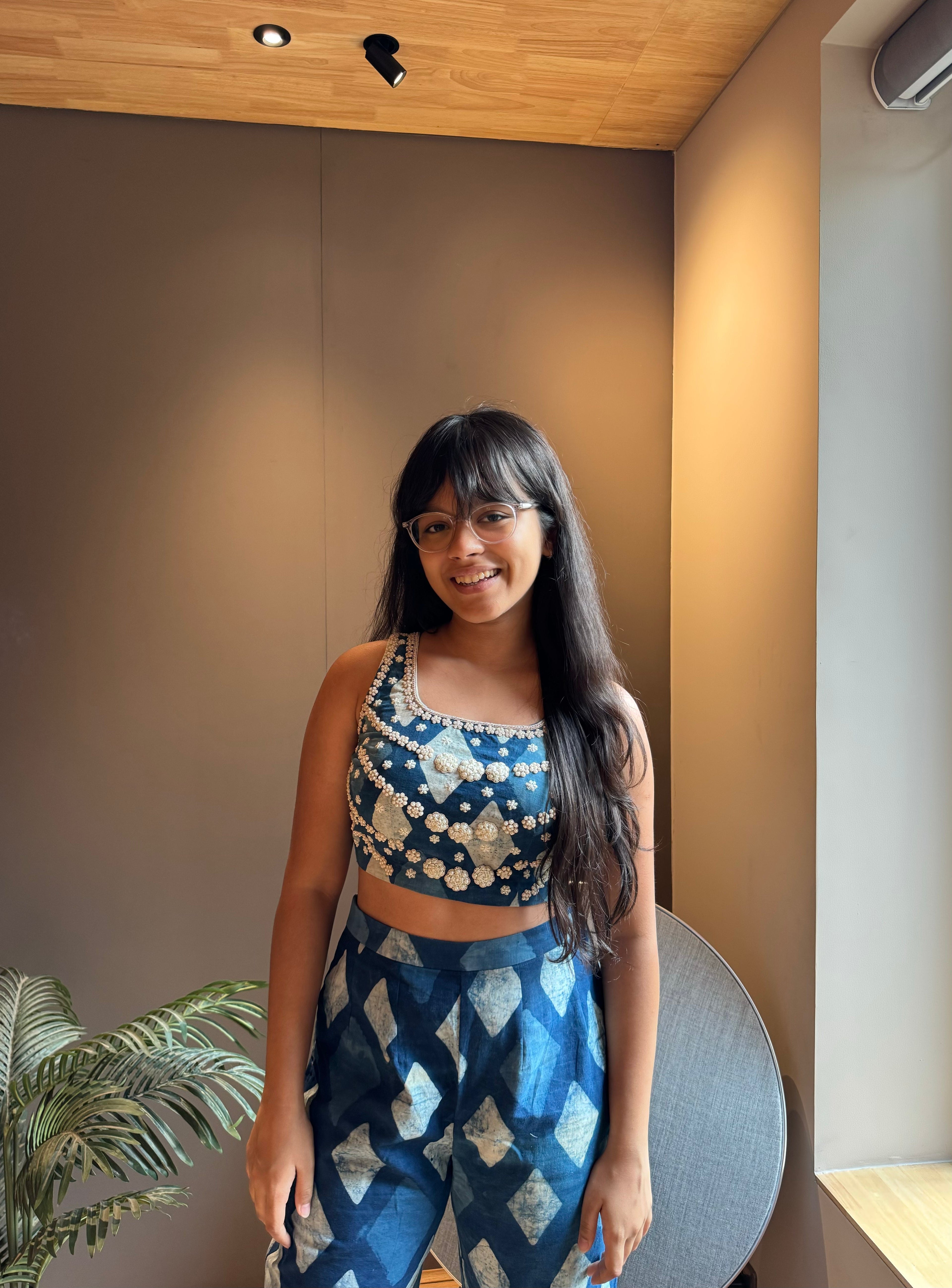 Indigo Embroidered Top With Flared Pants